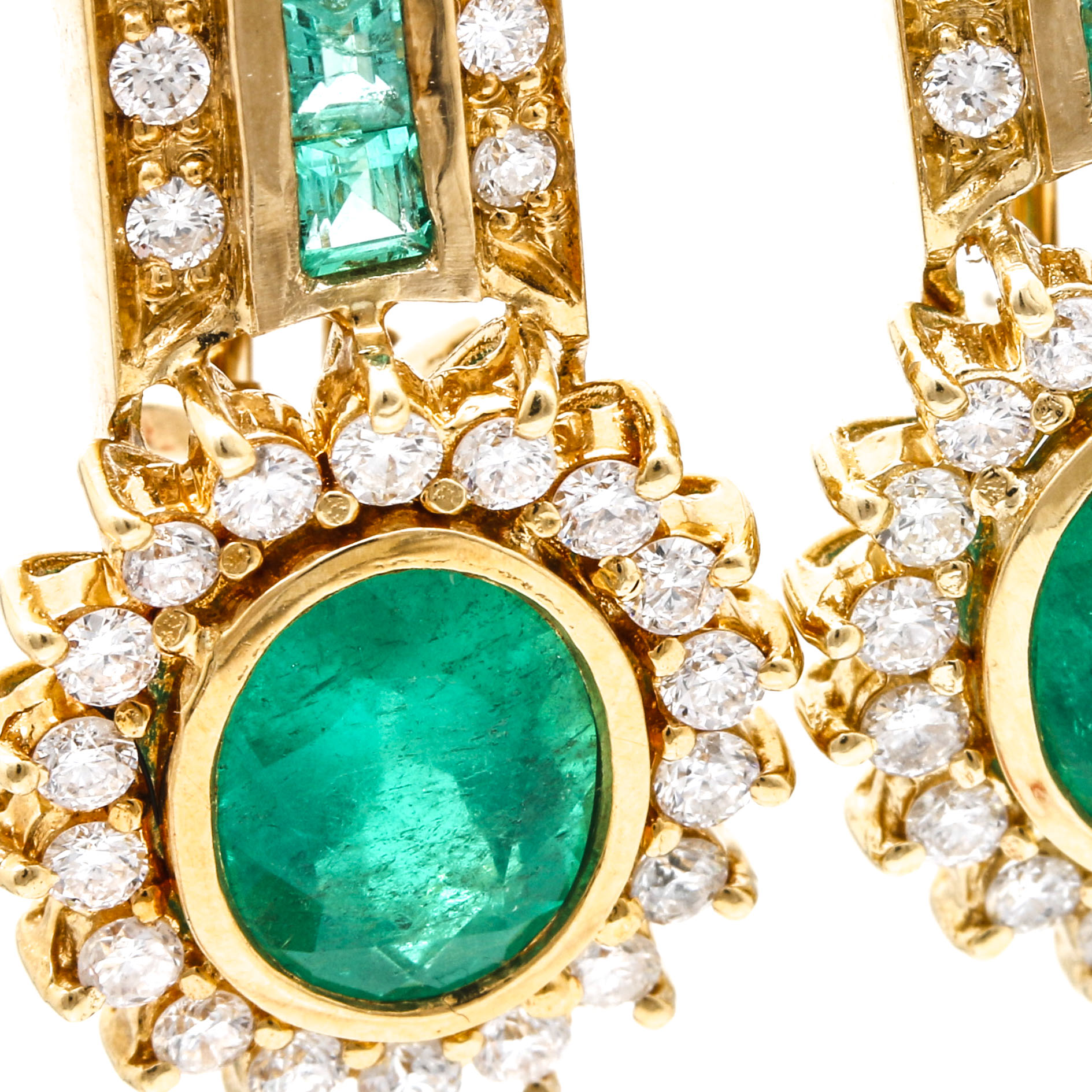 18K Yellow Gold 3.00 CTW Emerald and 0.95 CTW Diamond Earrings