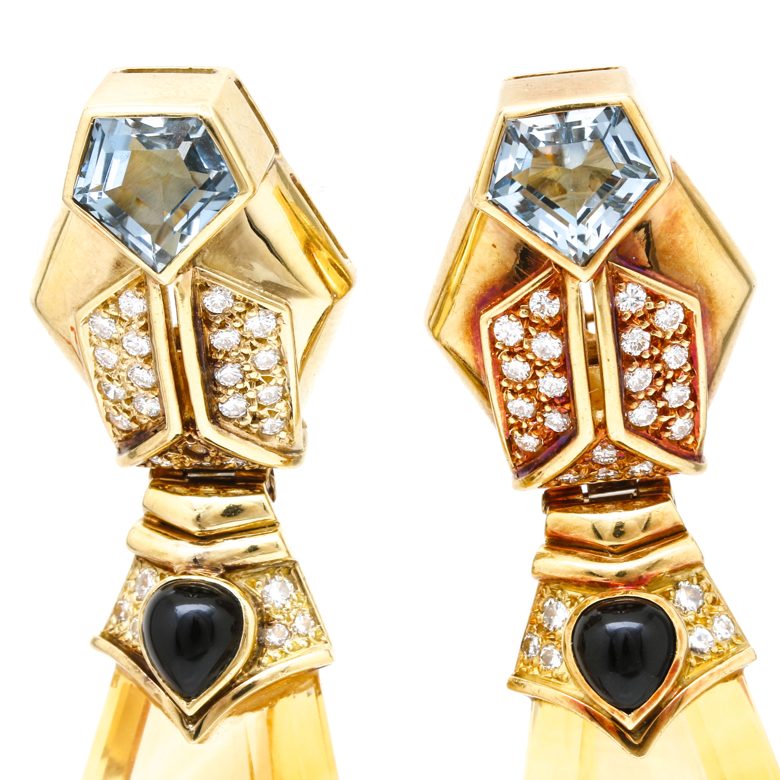 18K Two-Tone Gold Diamond, Citrine, and Blue Topaz, and Onyx Convertible Stud or Drop Earrings