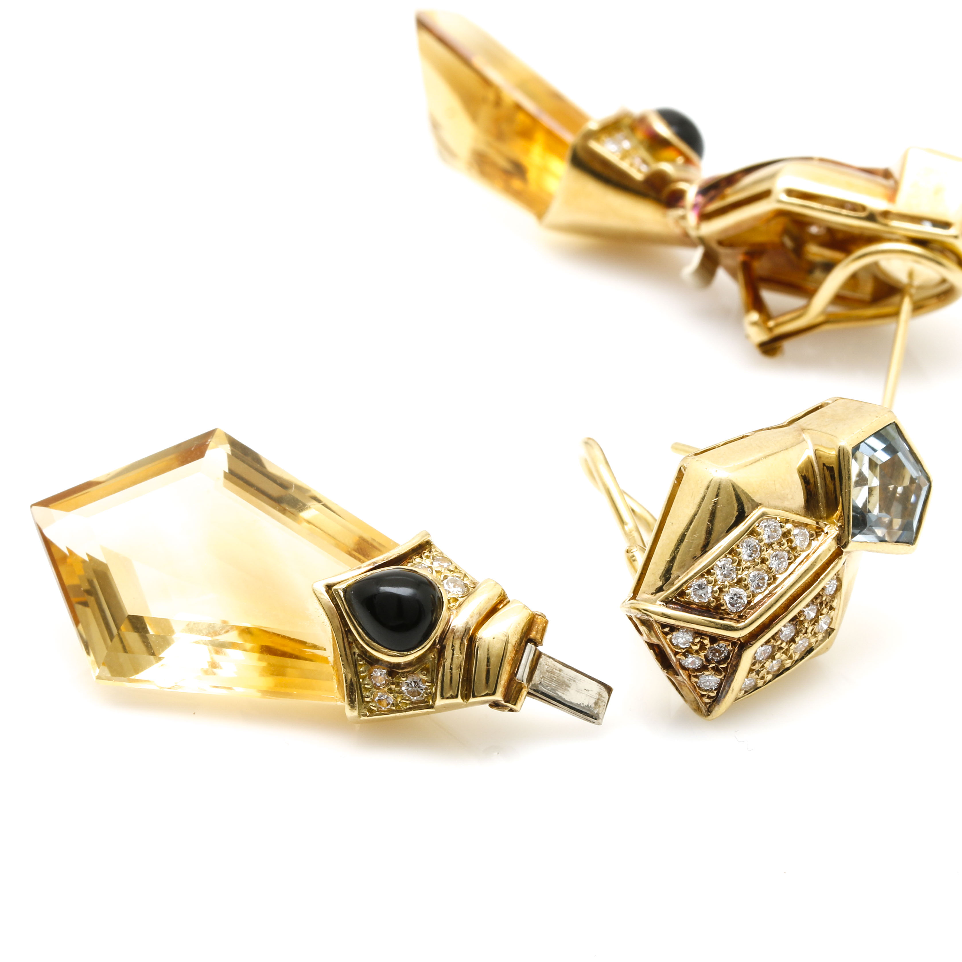 18K Two-Tone Gold Diamond, Citrine, and Blue Topaz, and Onyx Convertible Stud or Drop Earrings