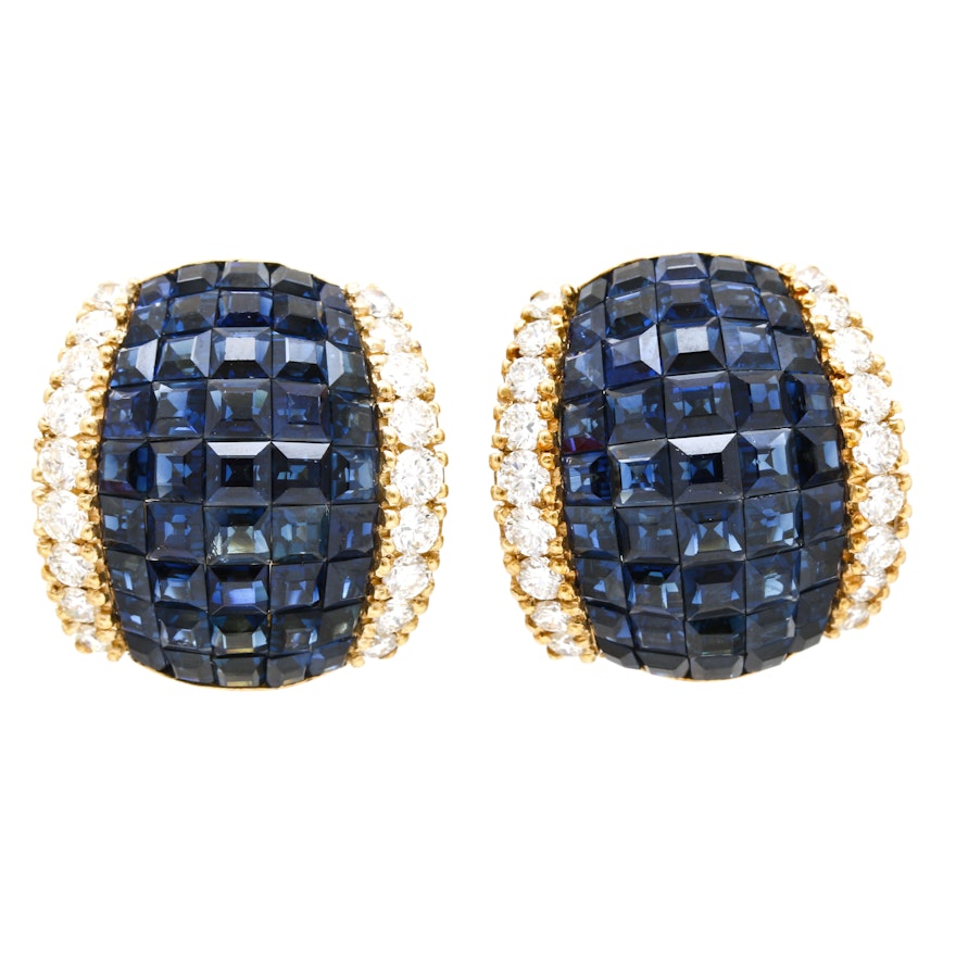 18K Yellow Gold 13.50 CTW Sapphire and 1.57 CTW Diamond Earrings