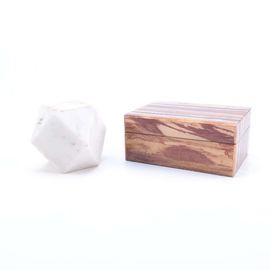 Marble Paperweight and Wooden Box