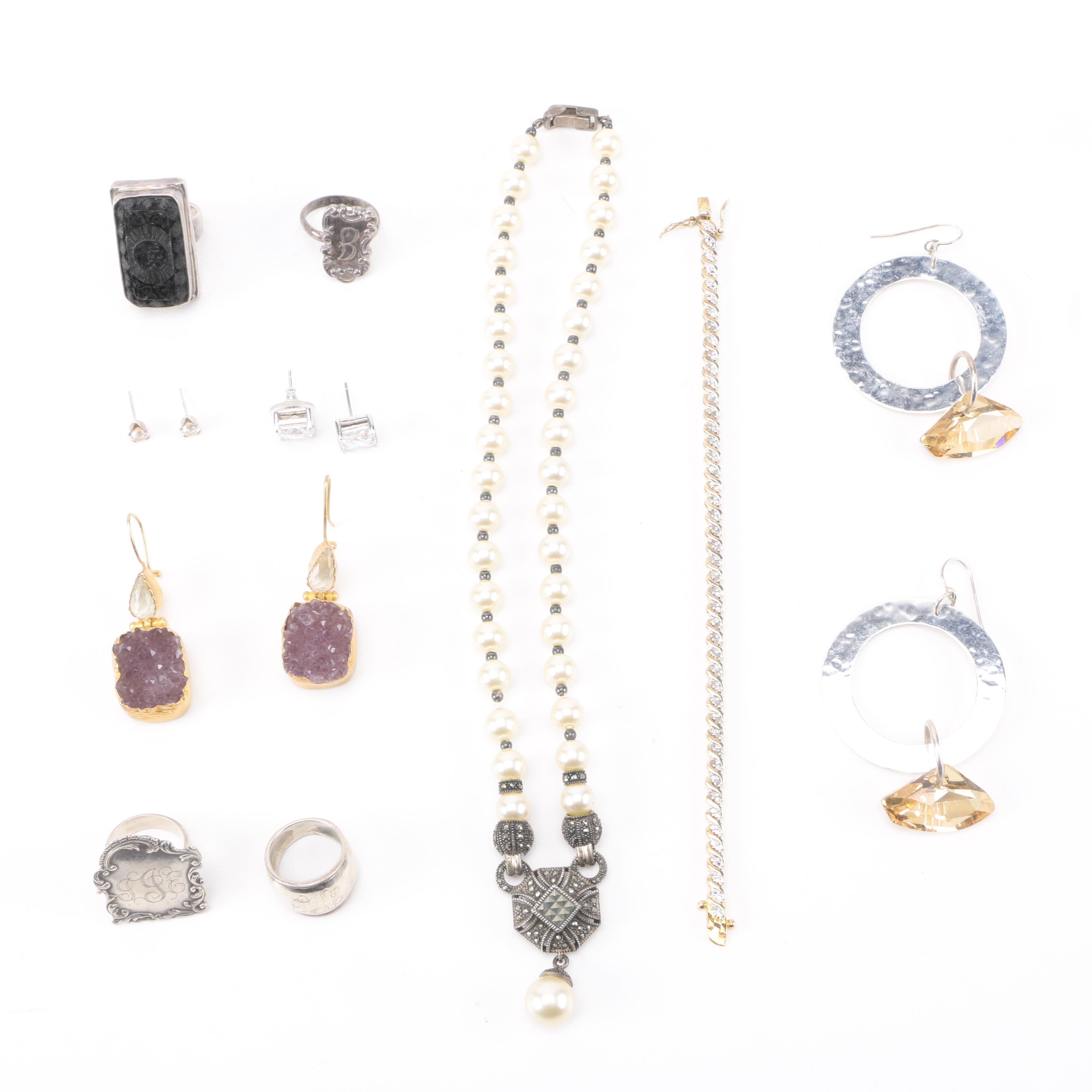 Sterling Silver Jewelry Including a Diamond Bracelet