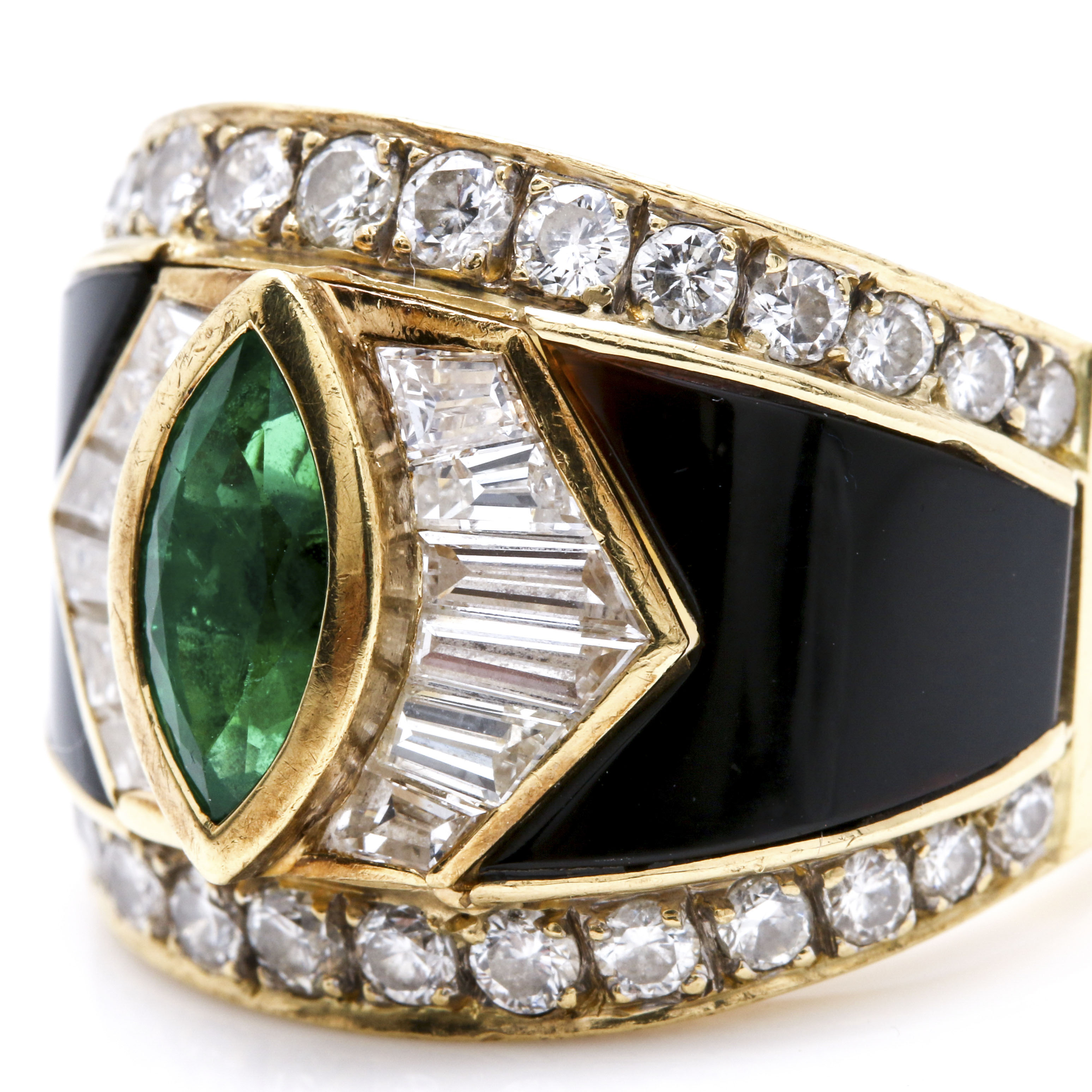 18K Yellow Gold 1.64 CTW Diamond, Emerald, and Onyx Inlay Ring