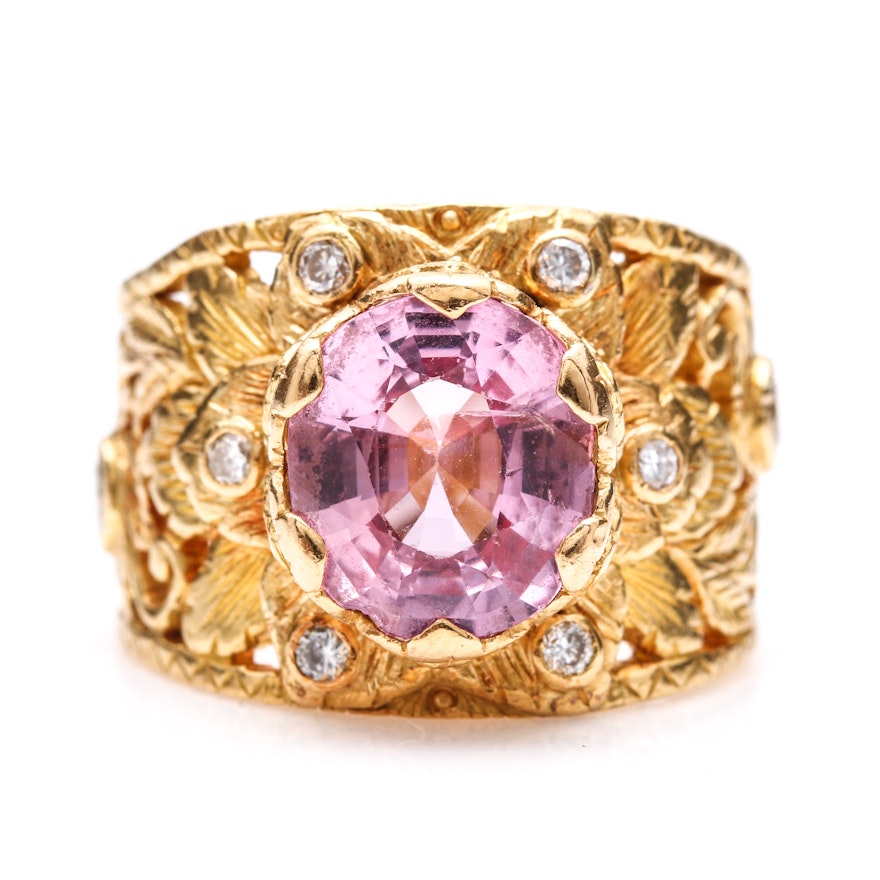 22K Yellow Gold 2.99 CT Pink Spinel and Diamond Foliate Ring