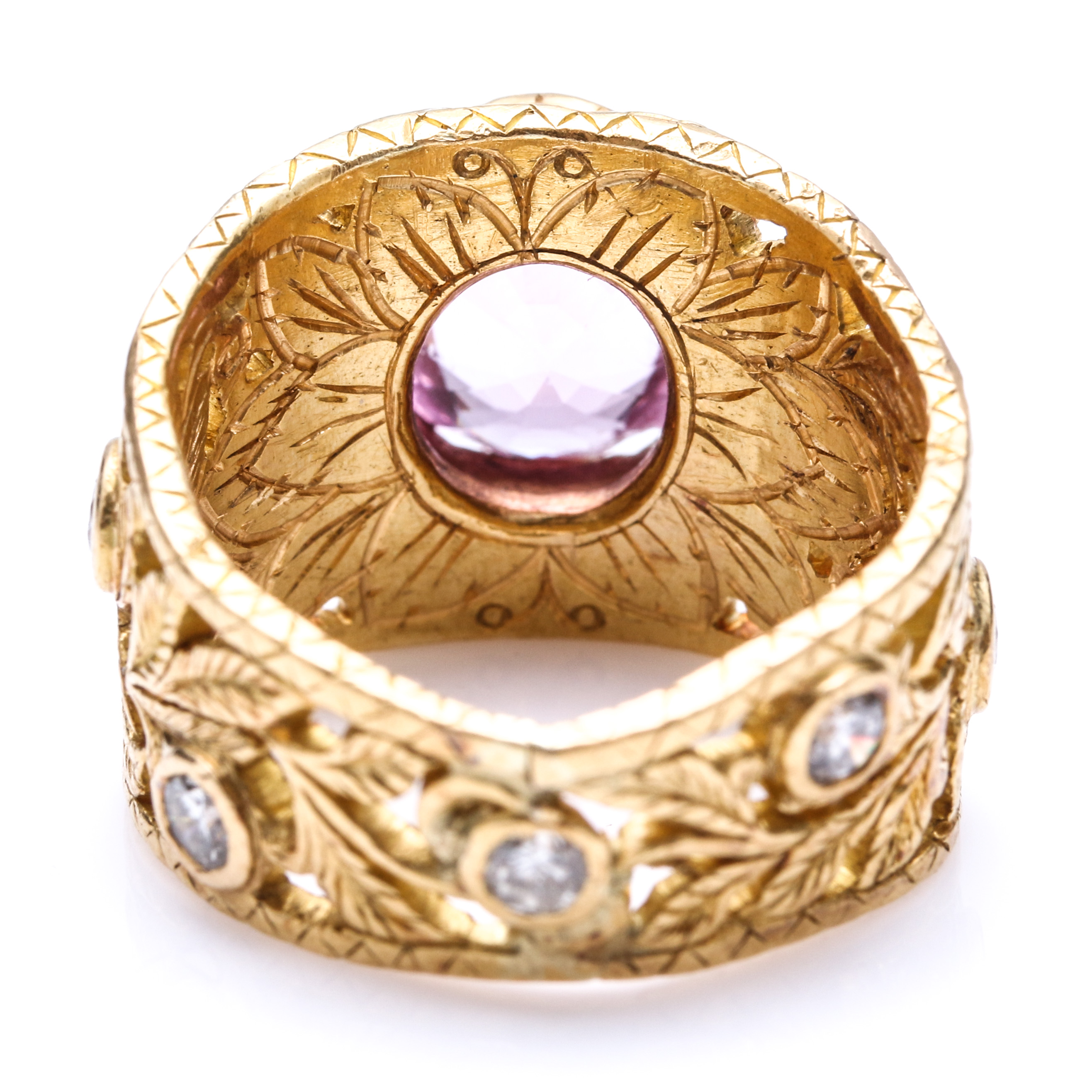 22K Yellow Gold 2.99 CT Pink Spinel and Diamond Foliate Ring
