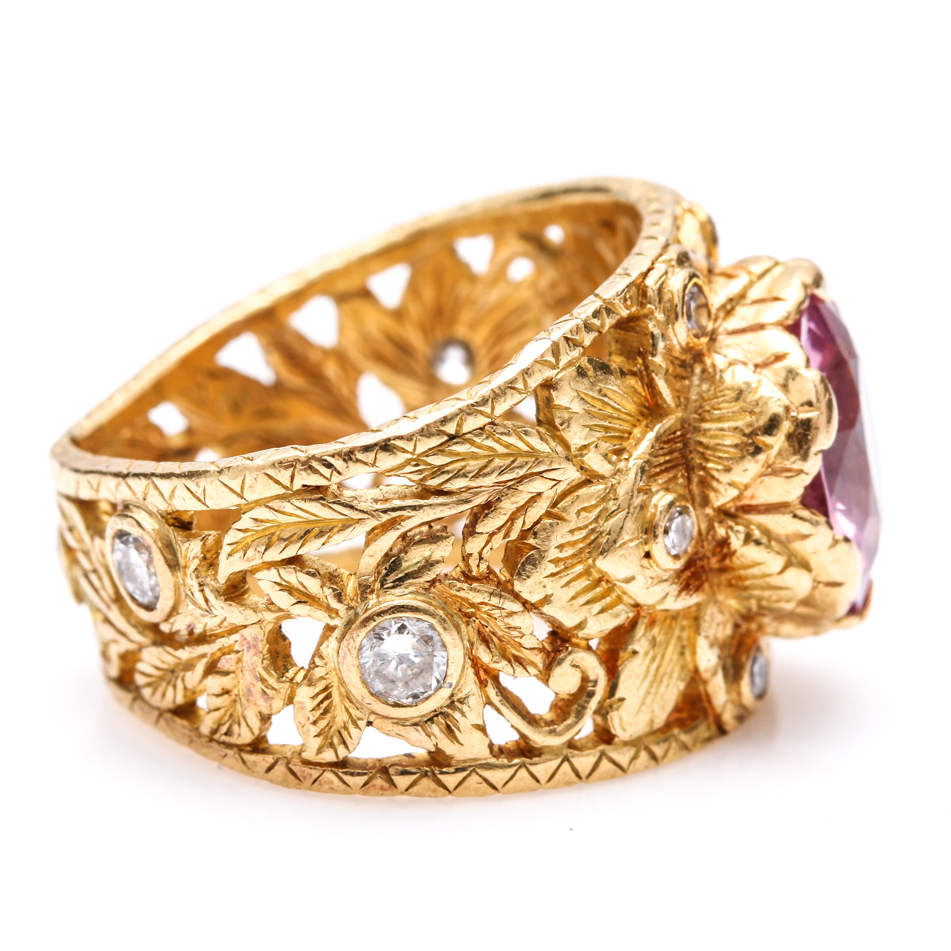 22K Yellow Gold 2.99 CT Pink Spinel and Diamond Foliate Ring