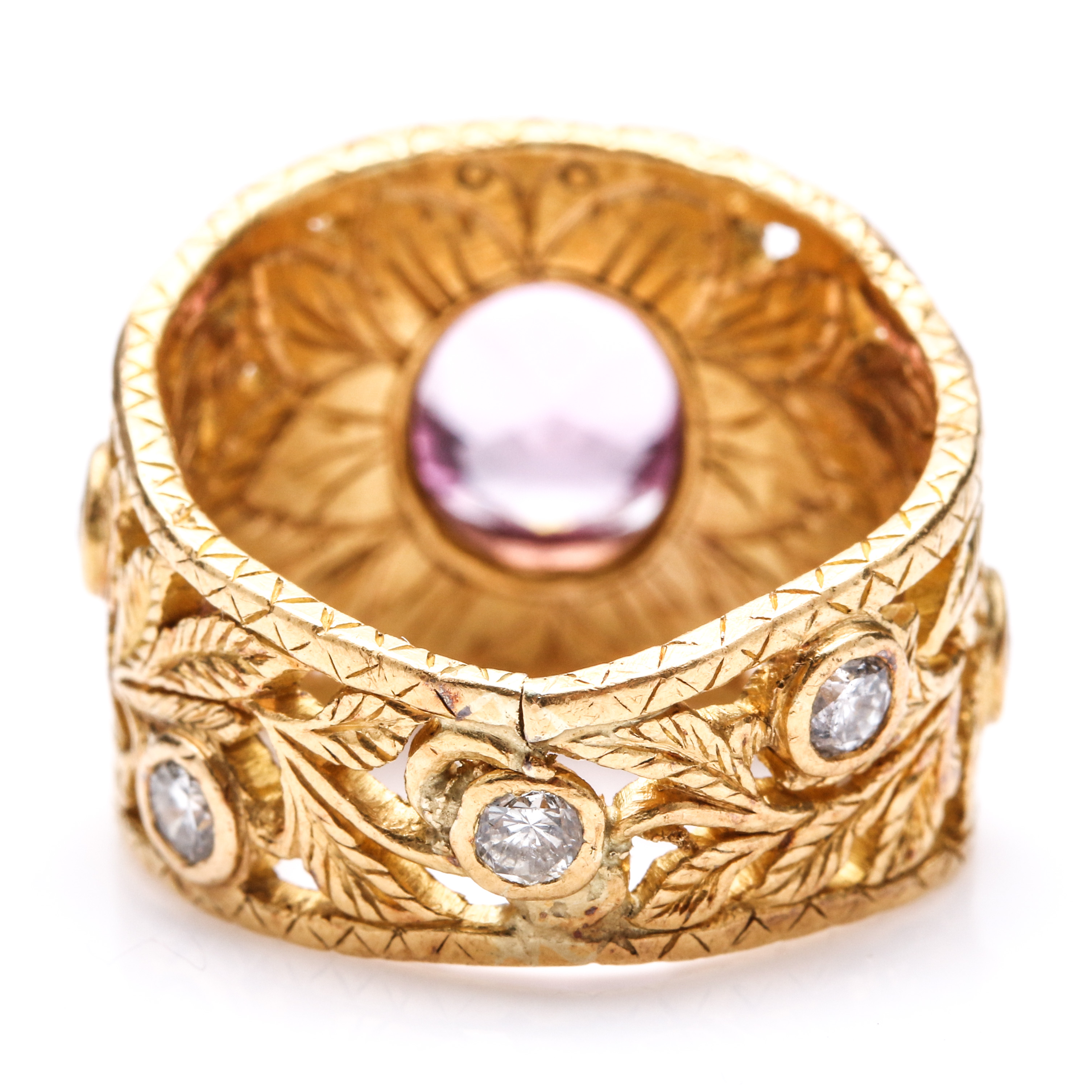 22K Yellow Gold 2.99 CT Pink Spinel and Diamond Foliate Ring