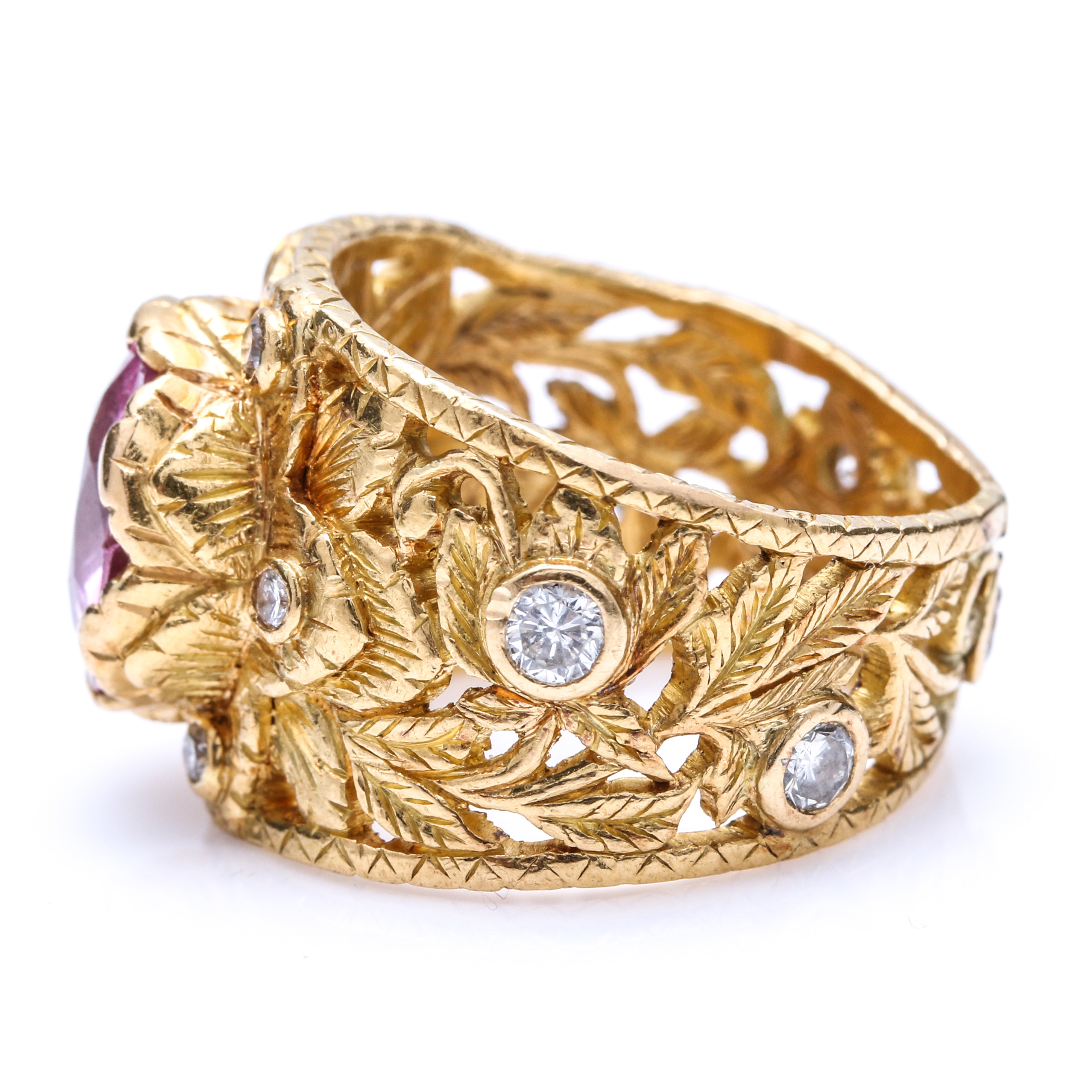 22K Yellow Gold 2.99 CT Pink Spinel and Diamond Foliate Ring