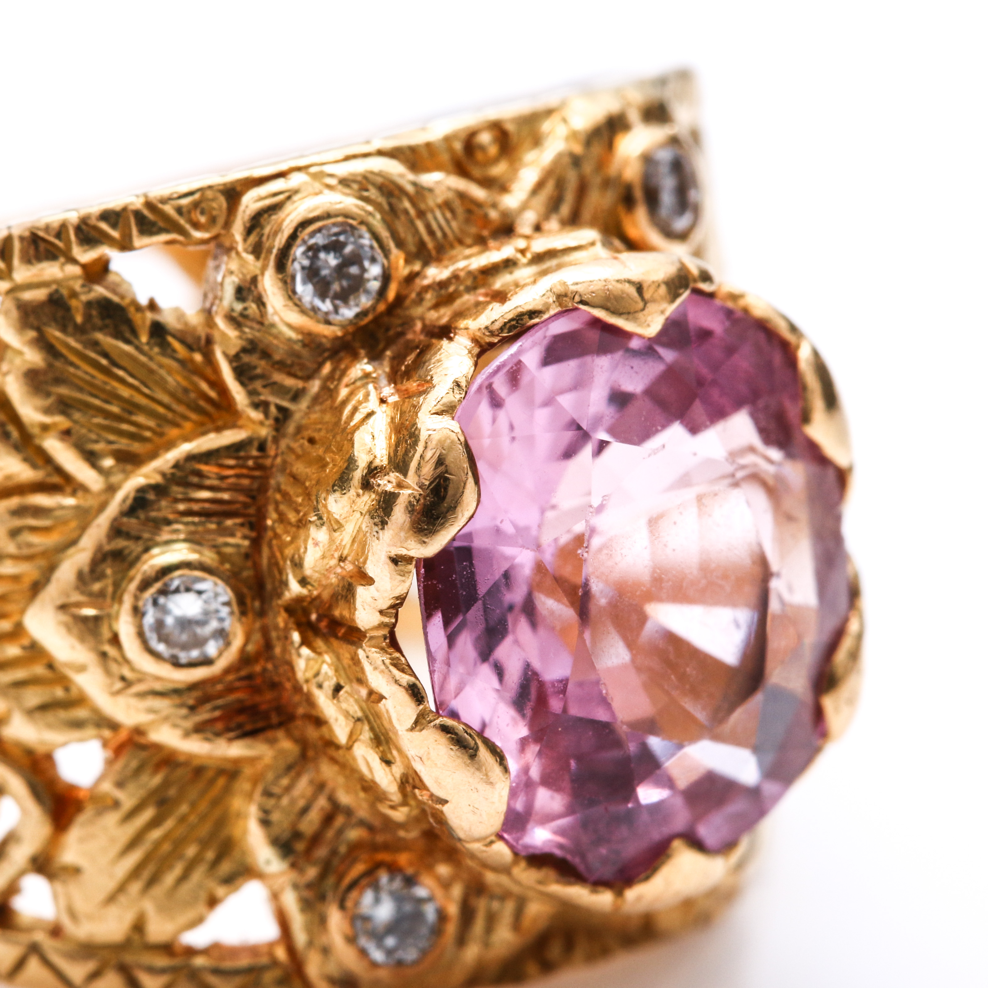 22K Yellow Gold 2.99 CT Pink Spinel and Diamond Foliate Ring