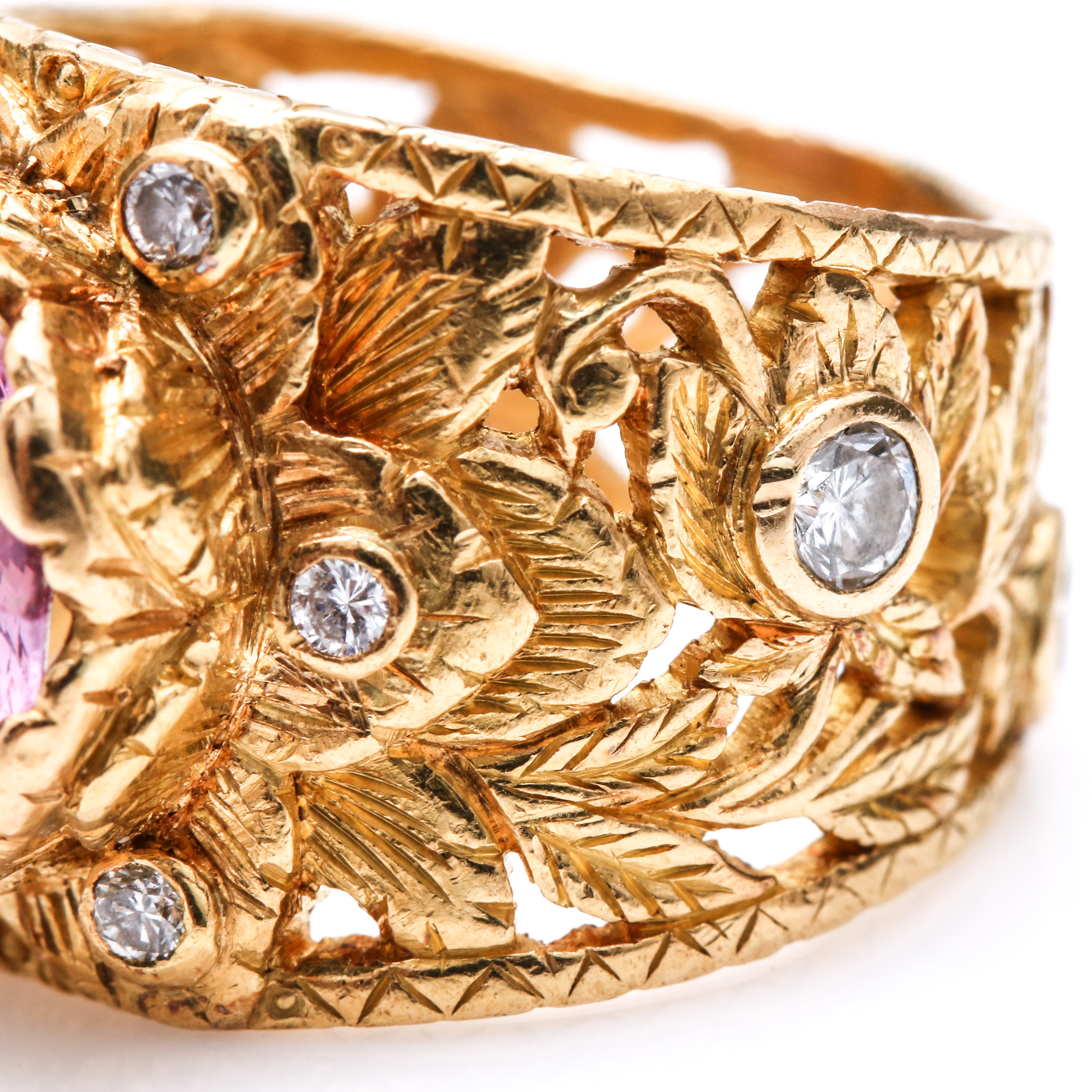 22K Yellow Gold 2.99 CT Pink Spinel and Diamond Foliate Ring