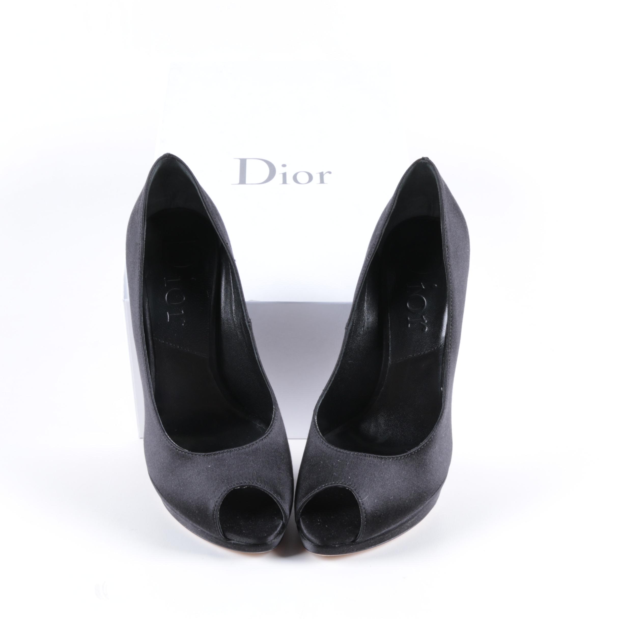 Dior Black Satin Peep Toe Pumps
