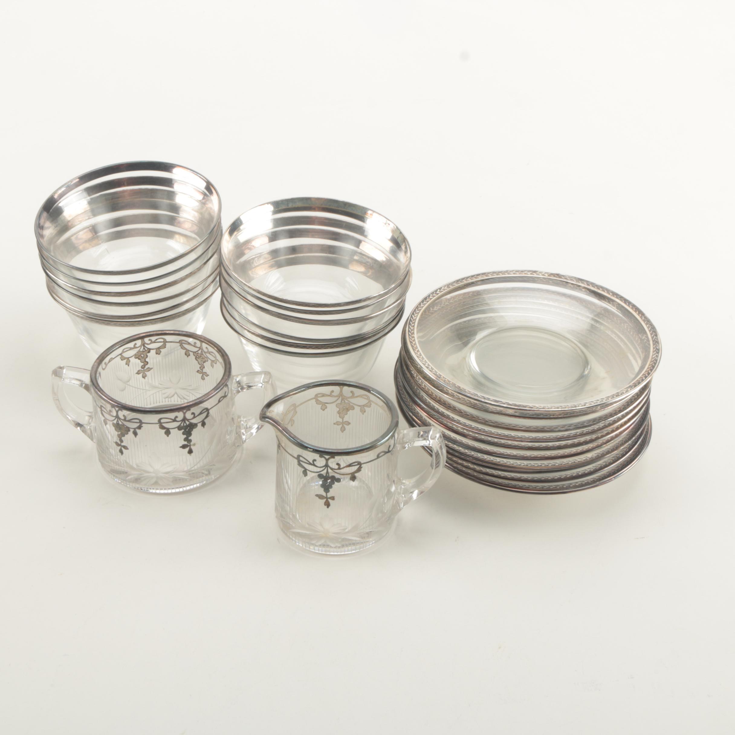 Vintage Glass Tableware With Silver Plate Trim