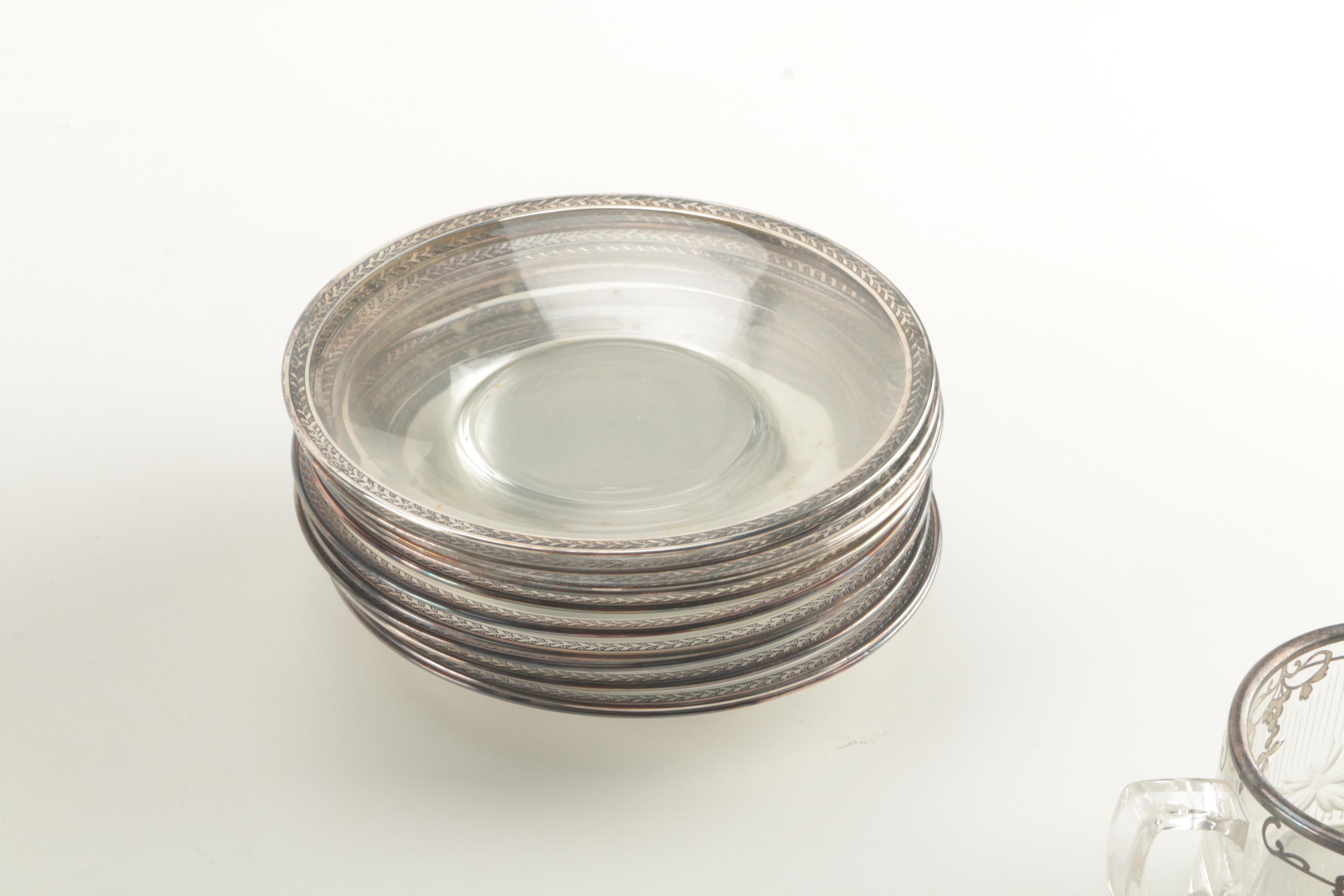 Vintage Glass Tableware With Silver Plate Trim