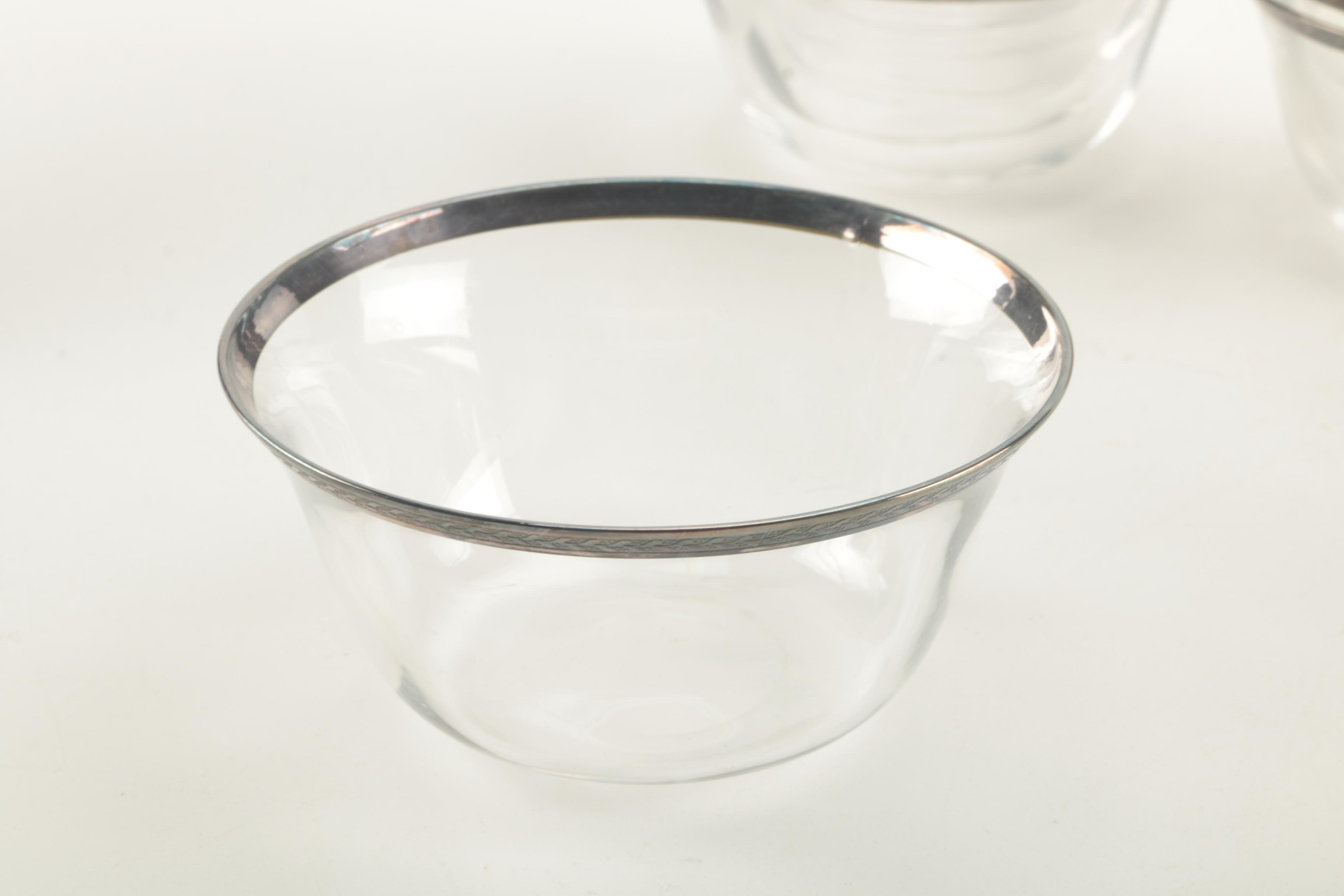 Vintage Glass Tableware With Silver Plate Trim