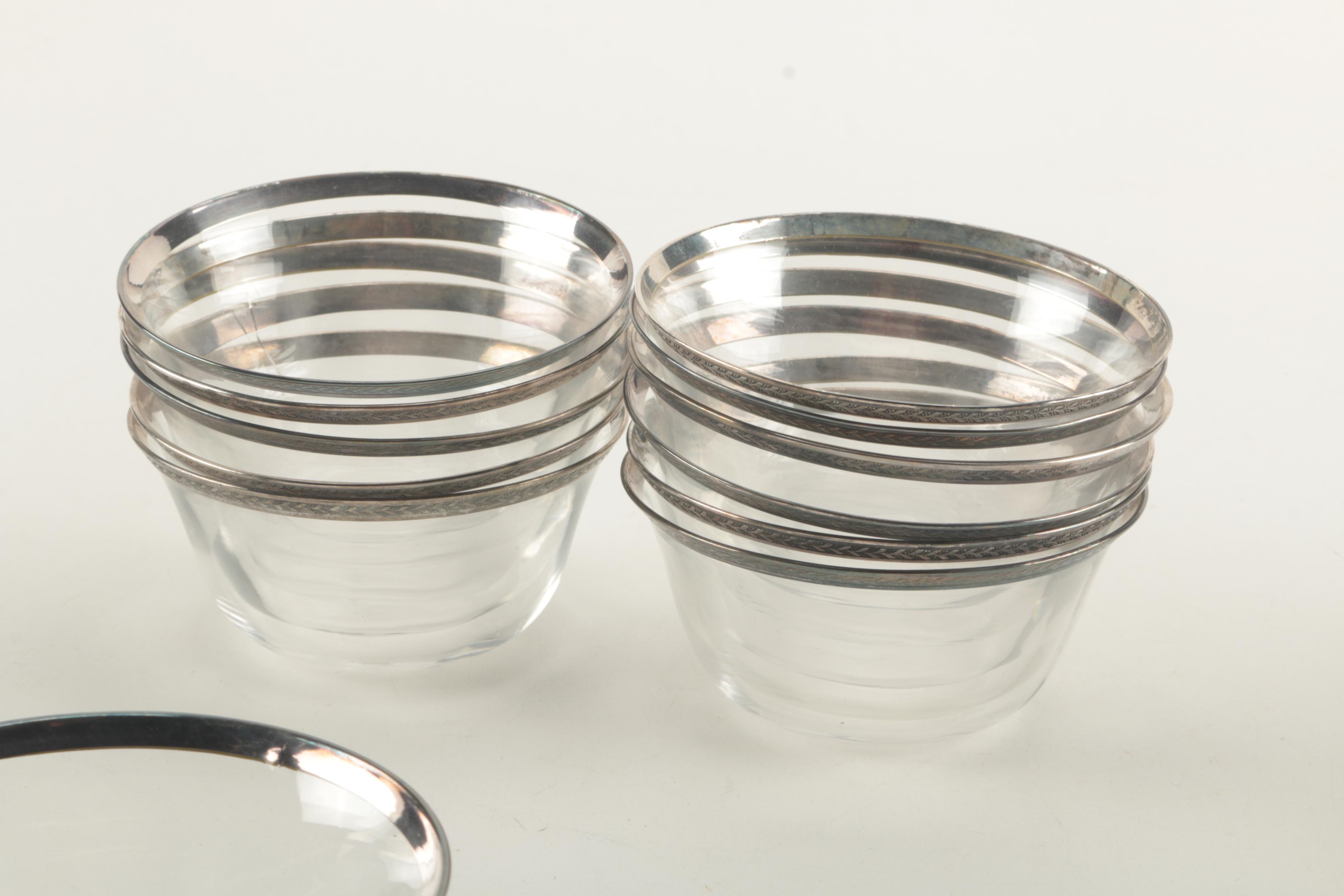 Vintage Glass Tableware With Silver Plate Trim