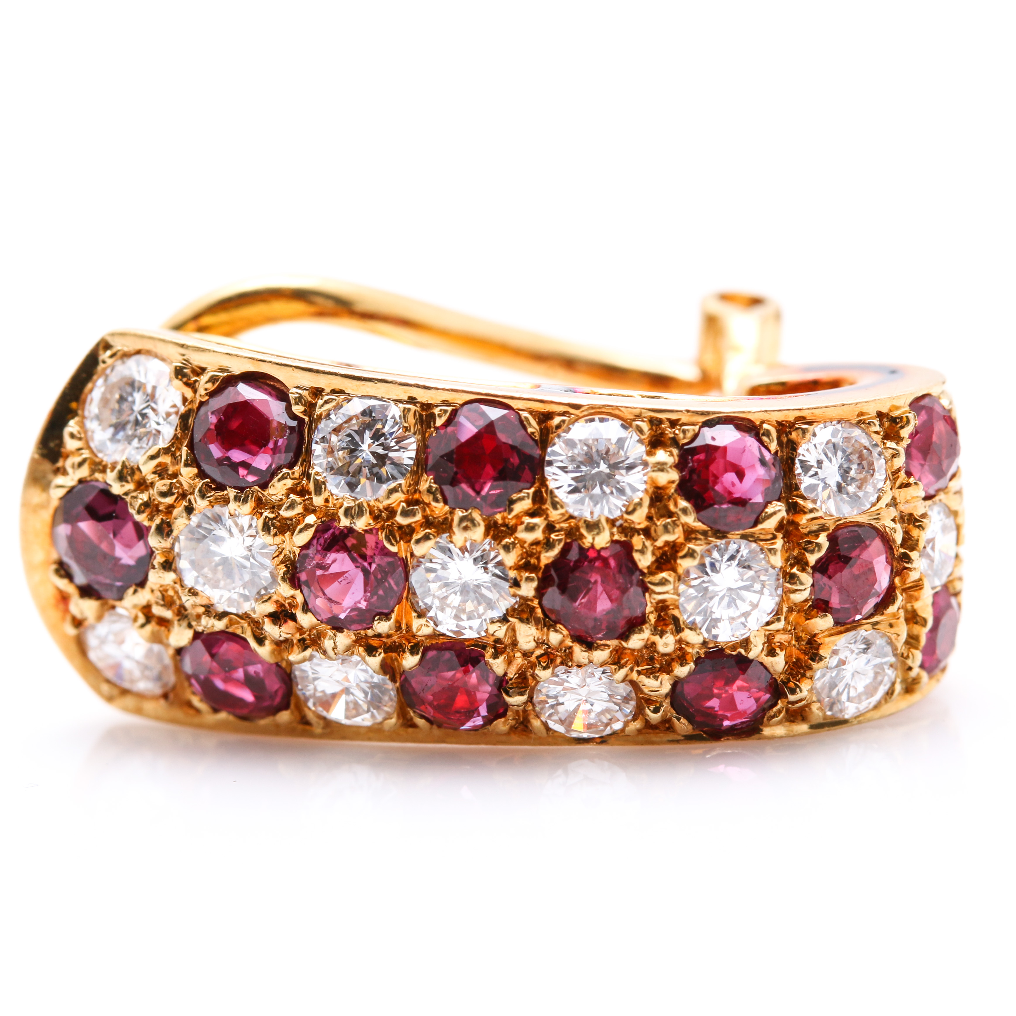 18K Yellow Gold Diamond and Ruby J-Hoop Earrings