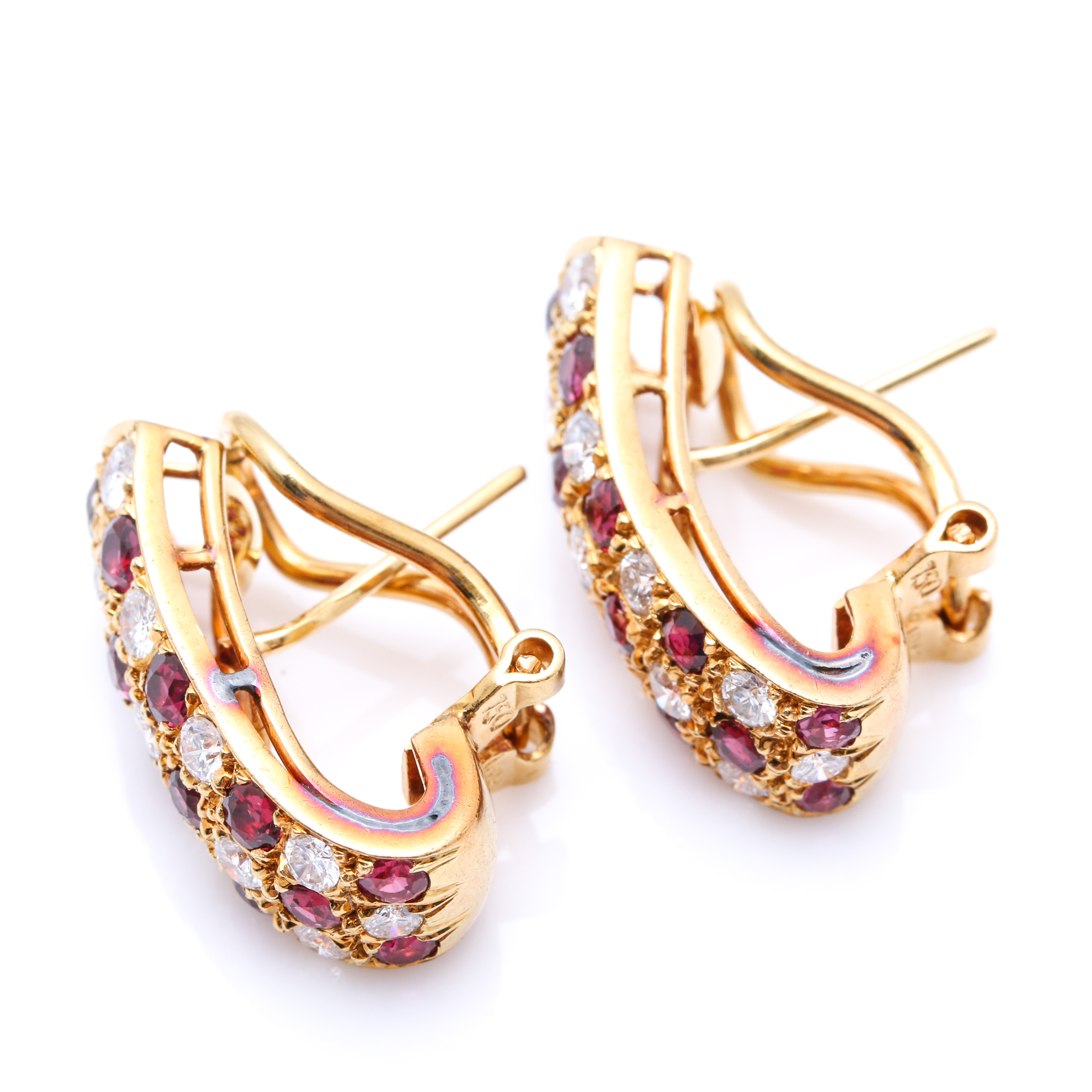 18K Yellow Gold Diamond and Ruby J-Hoop Earrings