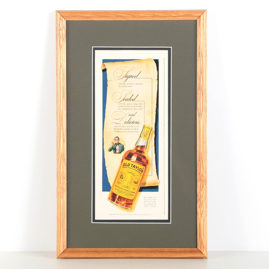 Framed 1940s Advertisement for Old Taylor Bourbon Whiskey