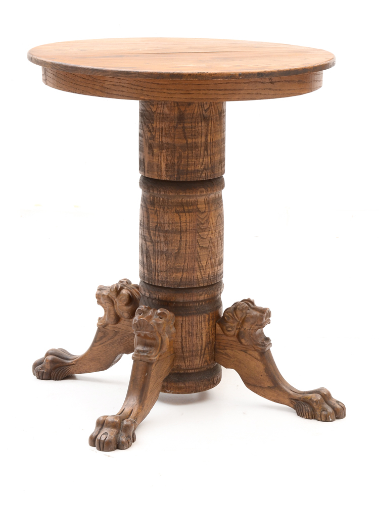 Tiger Oak Bar Table with Lion Carvings