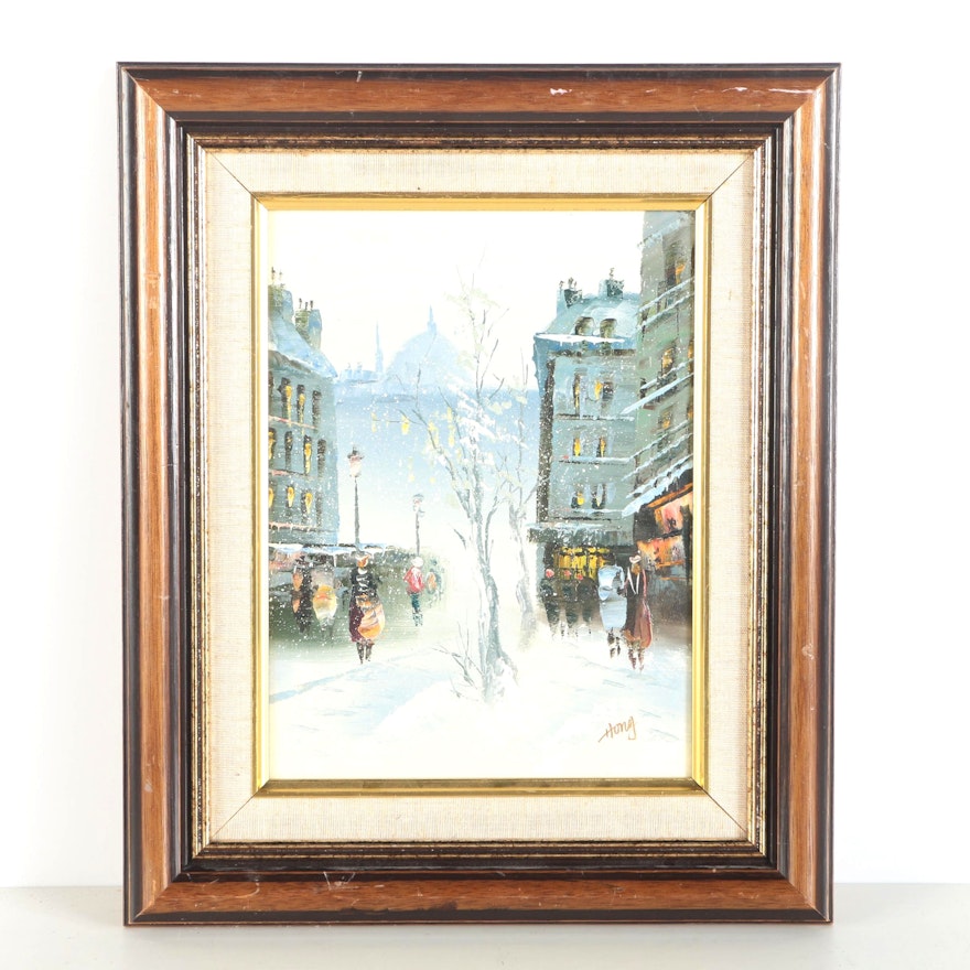 Hong Oil Painting on Canvas Board of Street Scene