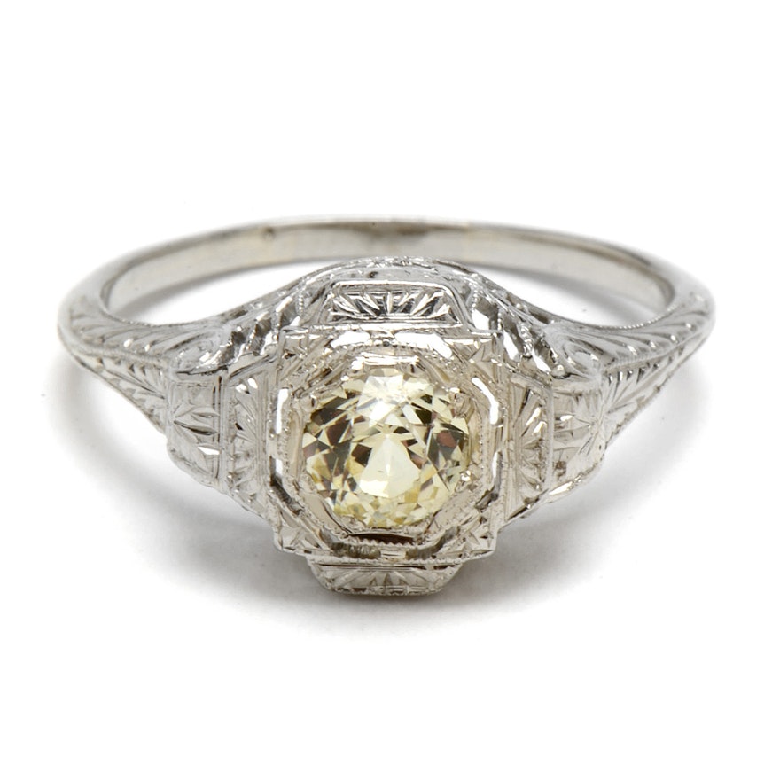 Edwardian 18K White Gold Colorless Zircon Filigree Ring