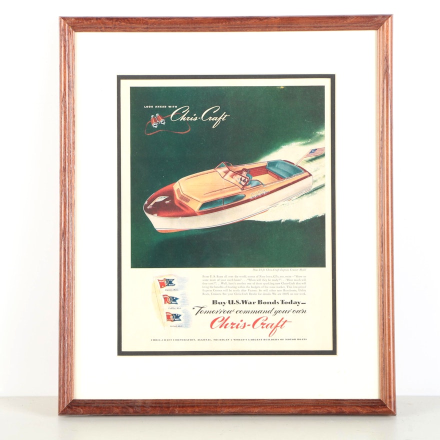 Vintage Chris-Craft Motor Boat Offset Lithograph Advertisement on Paper