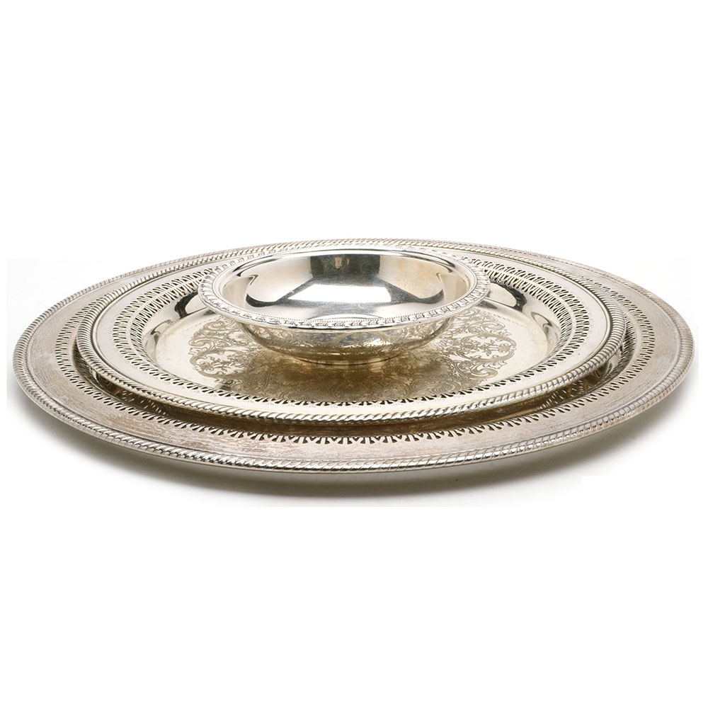 Two Silver-Plated Serving Trays and Bowl