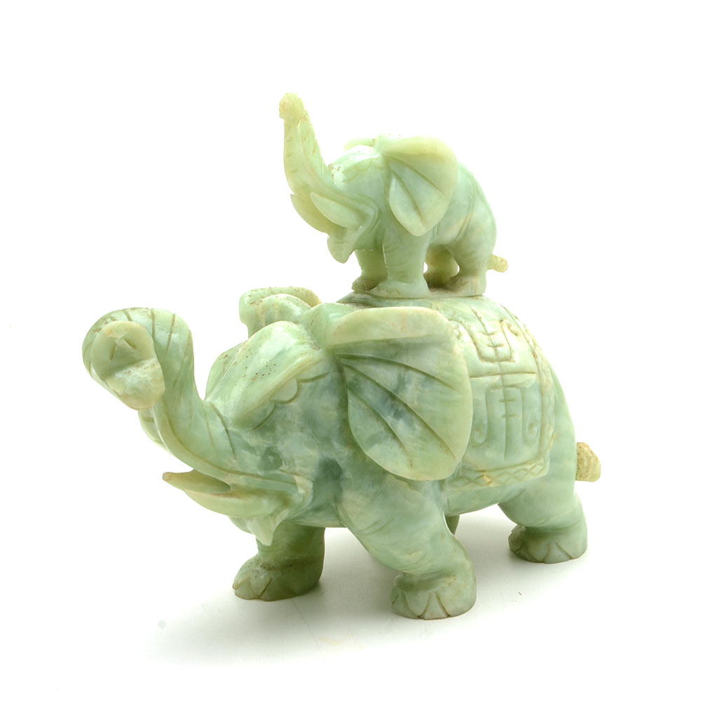 Chinese Carved Bowenite Elephant with Figural Lid
