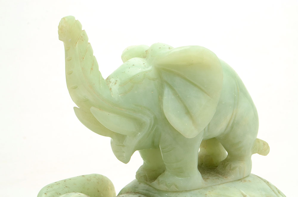 Chinese Carved Bowenite Elephant with Figural Lid
