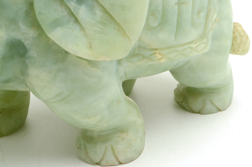 Chinese Carved Bowenite Elephant with Figural Lid