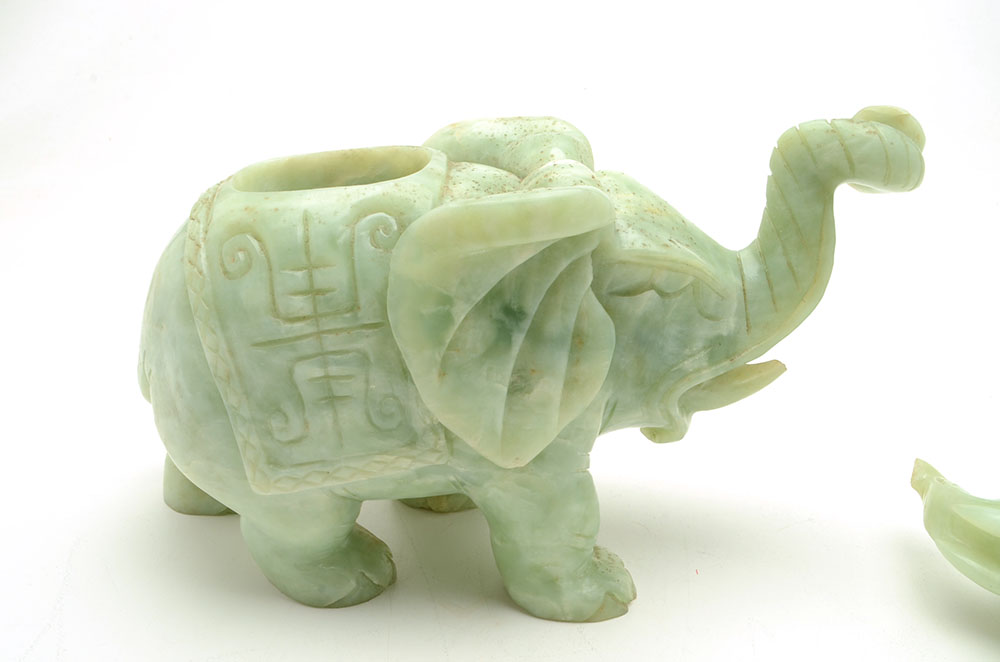 Chinese Carved Bowenite Elephant with Figural Lid