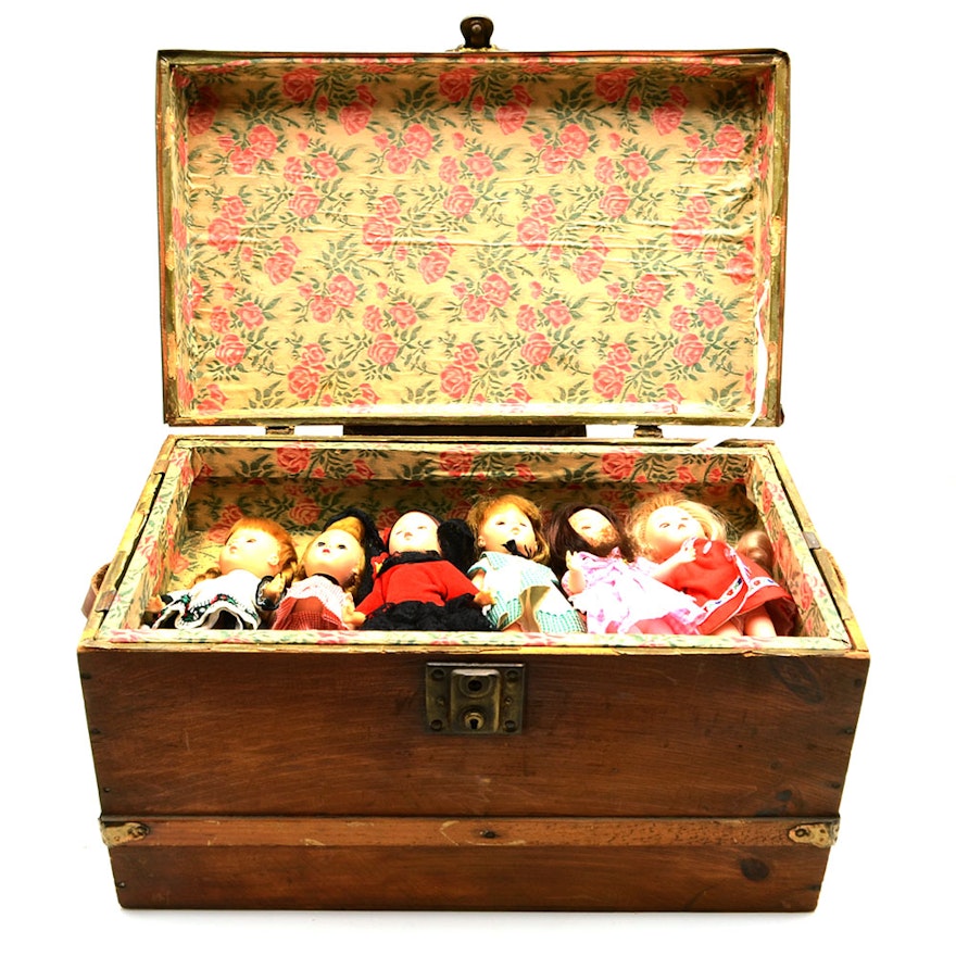 Vintage Wood Chest with Assorted Bisque Plastic Dolls