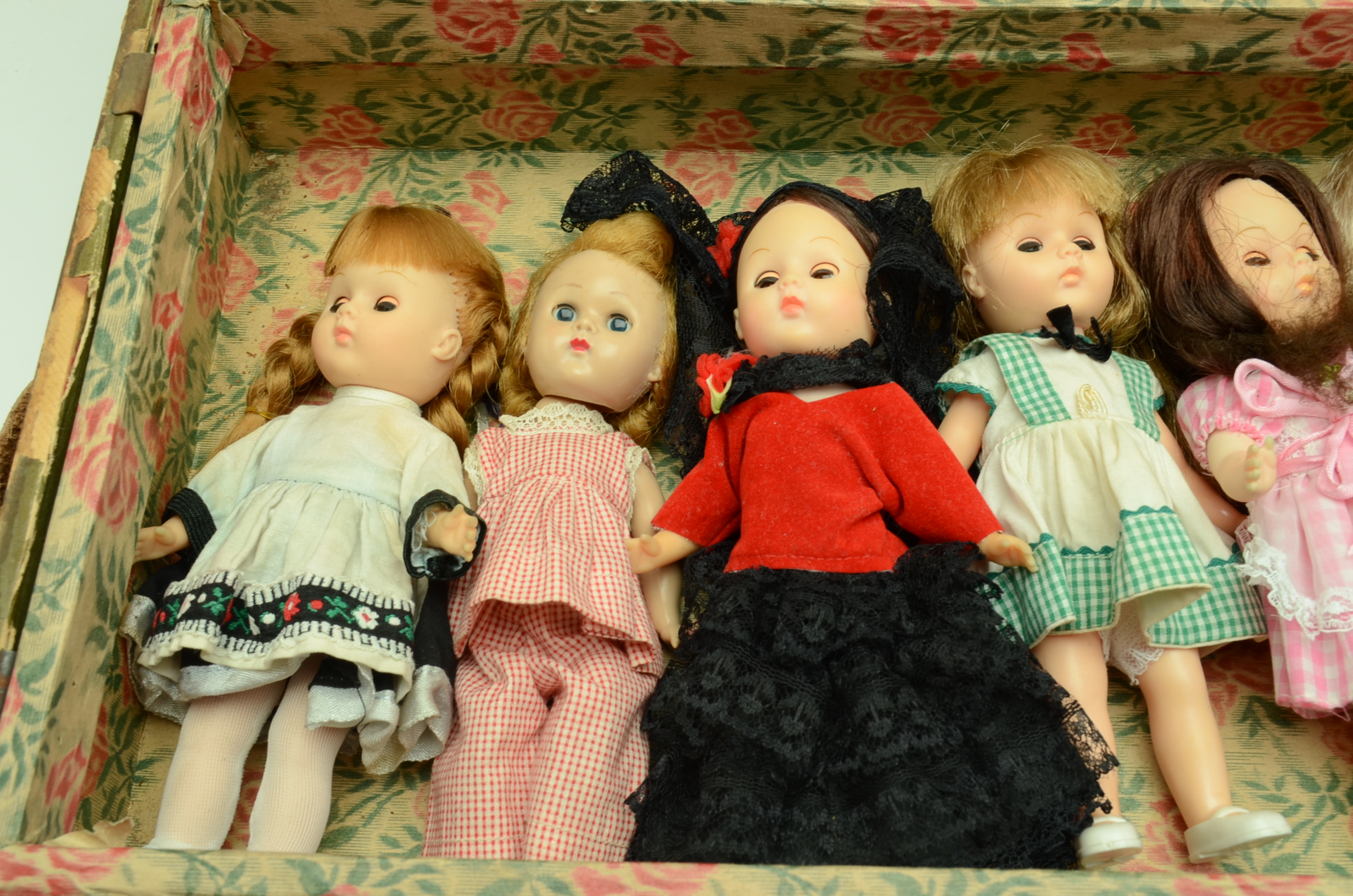 Vintage Wood Chest with Assorted Bisque Plastic Dolls