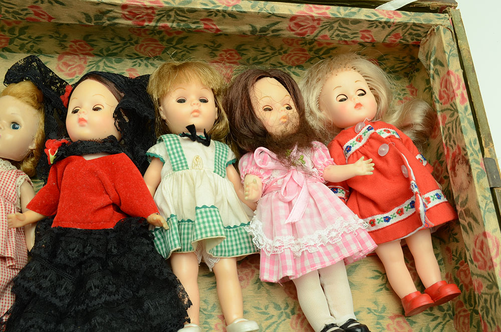 Vintage Wood Chest with Assorted Bisque Plastic Dolls