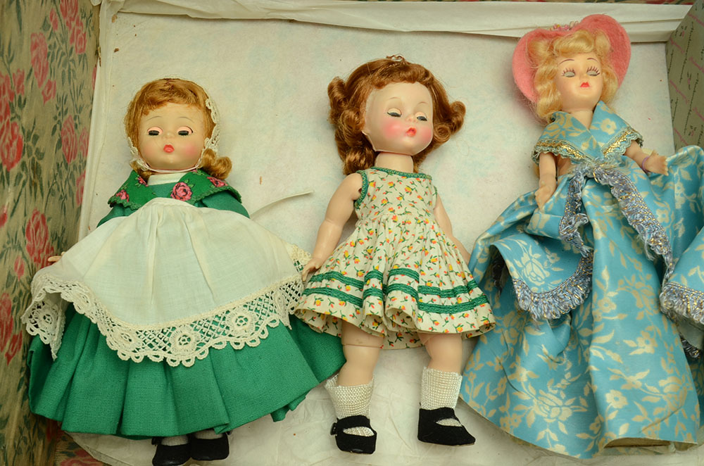 Vintage Wood Chest with Assorted Bisque Plastic Dolls