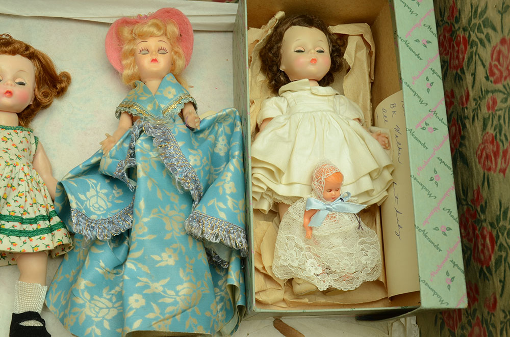Vintage Wood Chest with Assorted Bisque Plastic Dolls