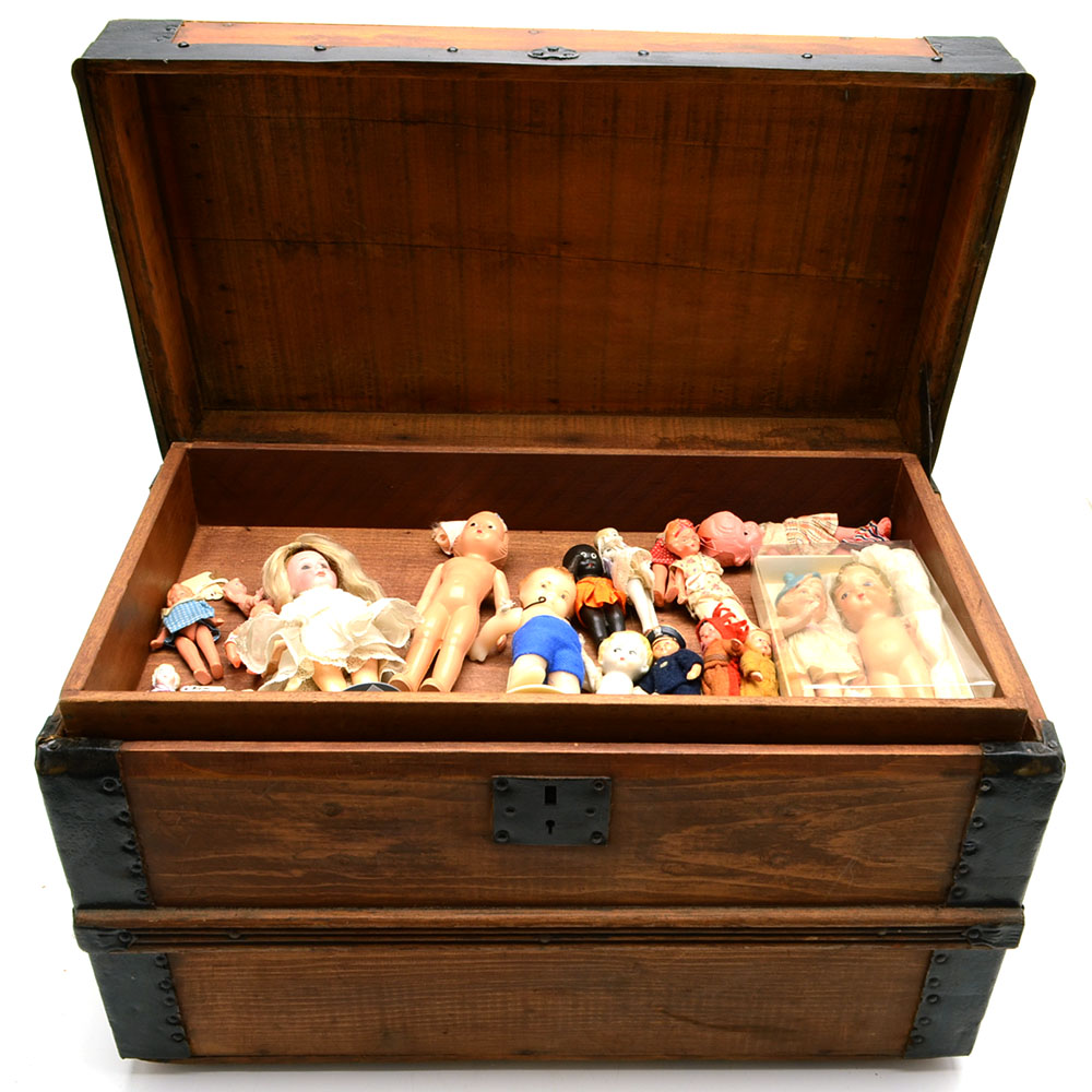 Custom Wood Chest with Assorted Bisque Porcelain Dolls