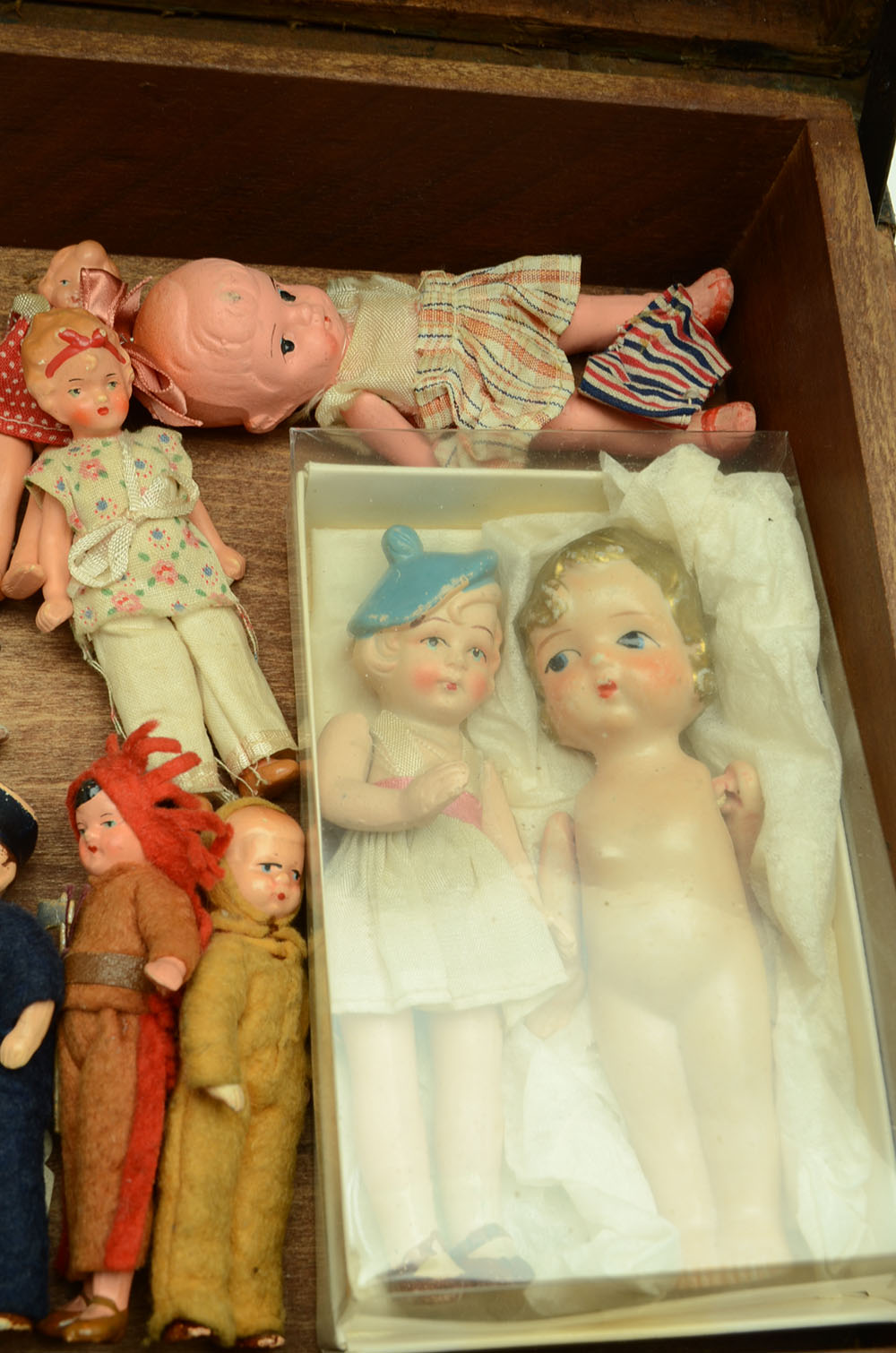Custom Wood Chest with Assorted Bisque Porcelain Dolls