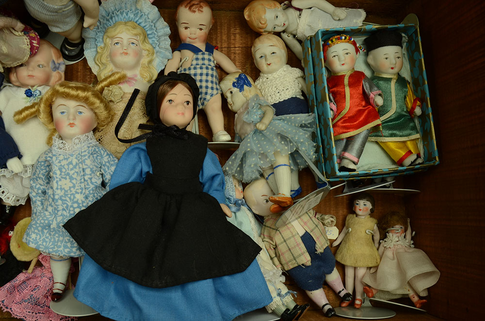 Custom Wood Chest with Assorted Bisque Porcelain Dolls