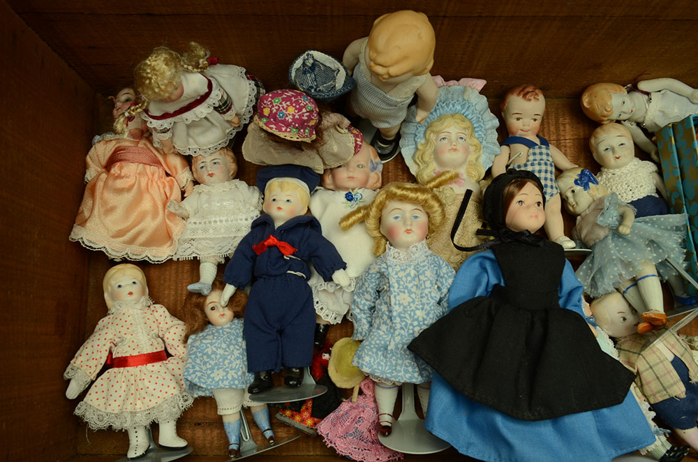 Custom Wood Chest with Assorted Bisque Porcelain Dolls