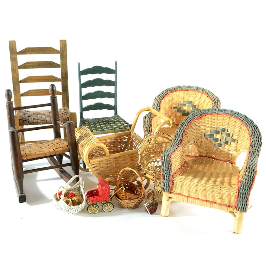 Collection of Wicker and Woven Doll Furniture and Accessories