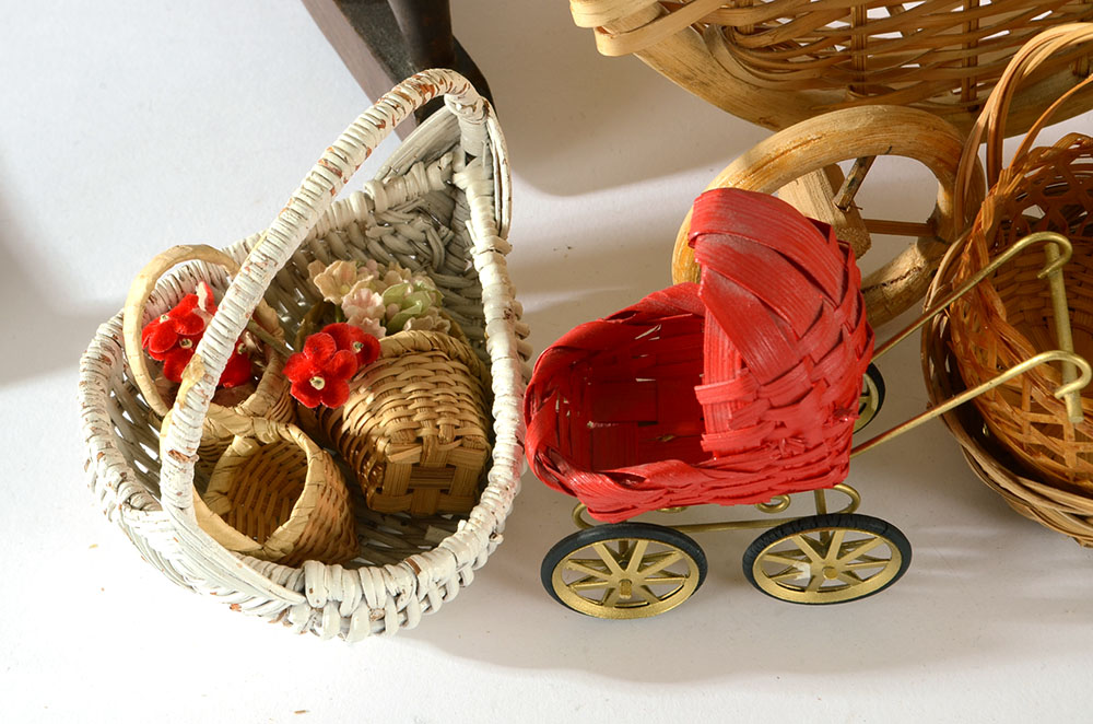 Collection of Wicker and Woven Doll Furniture and Accessories