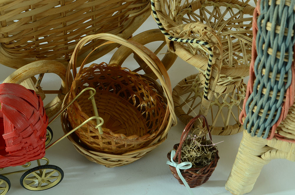 Collection of Wicker and Woven Doll Furniture and Accessories