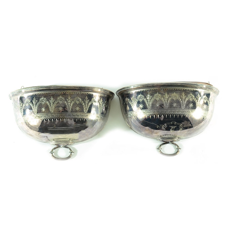 Pair of Engraved Decorated Silver-Plated Domed Wall Planters
