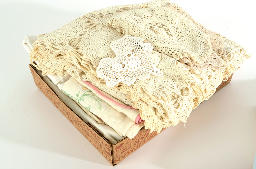 Assortment of Embroidered Linens and Lace