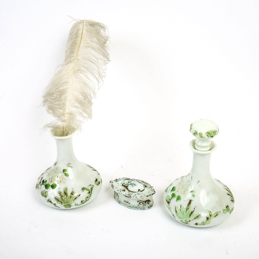 Milk Glass Vanity Set with Hand-Painted Details
