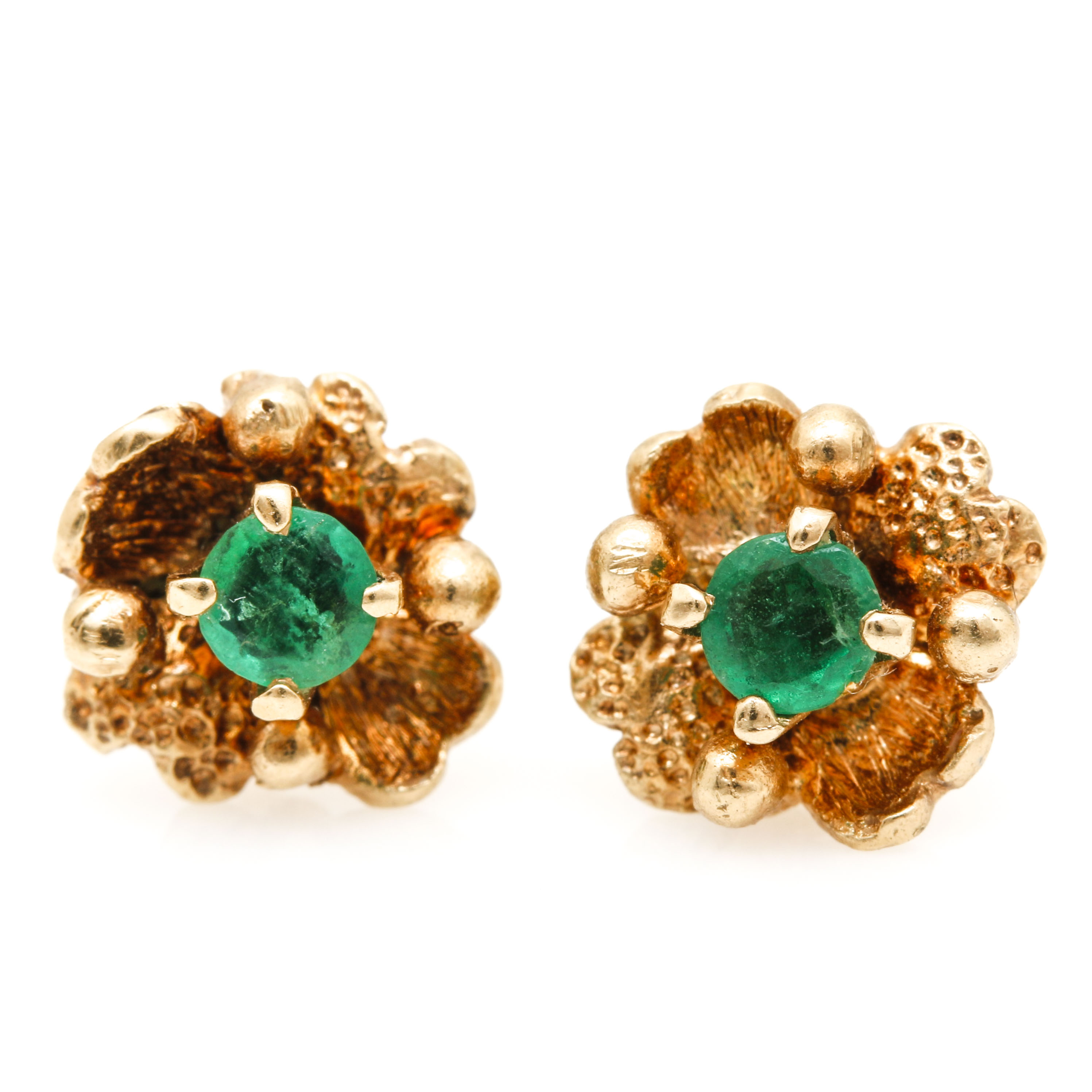 14K Yellow Gold Emerald Stud Earrings