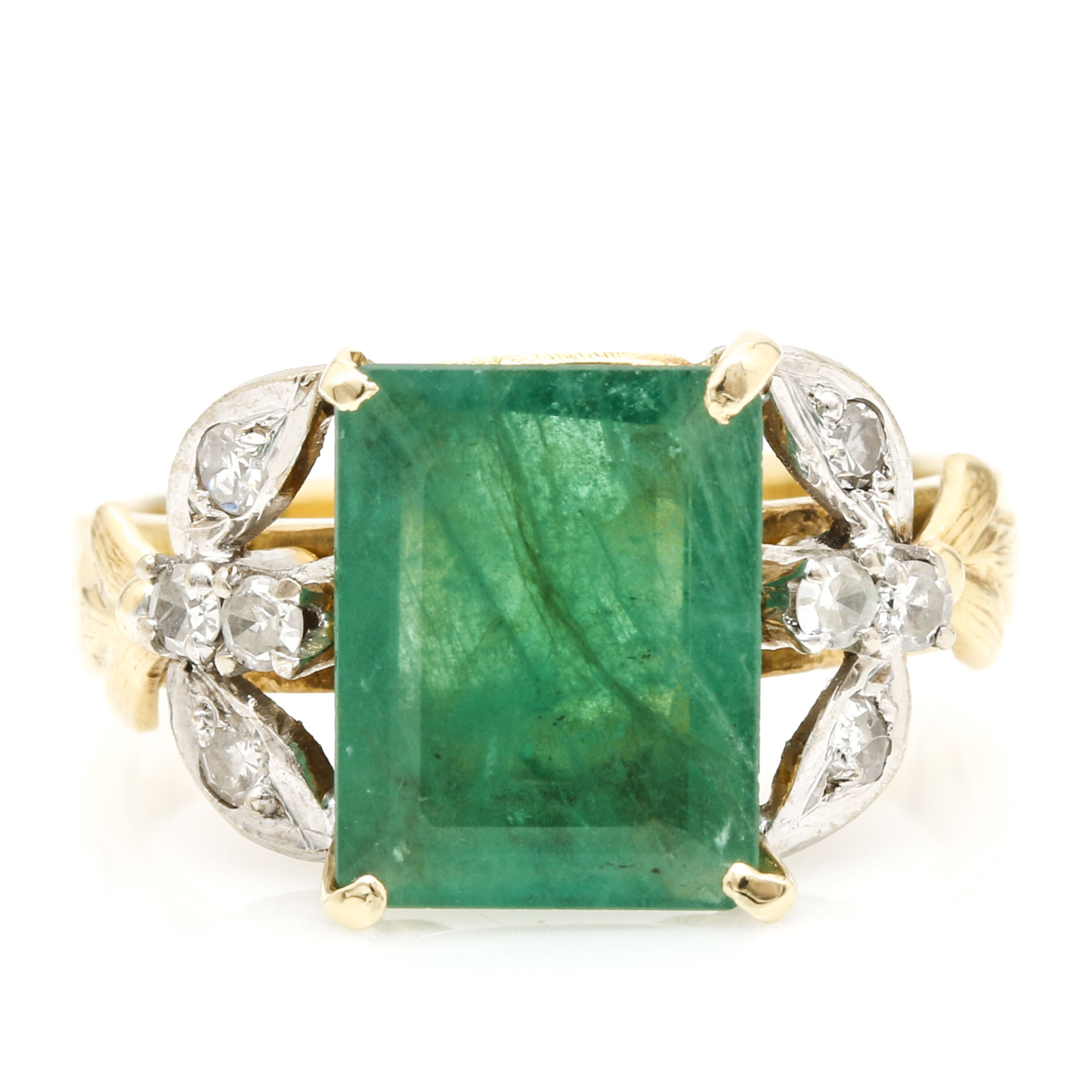 14K Two Tone Gold 2.23 CT Emerald and Diamond Ring