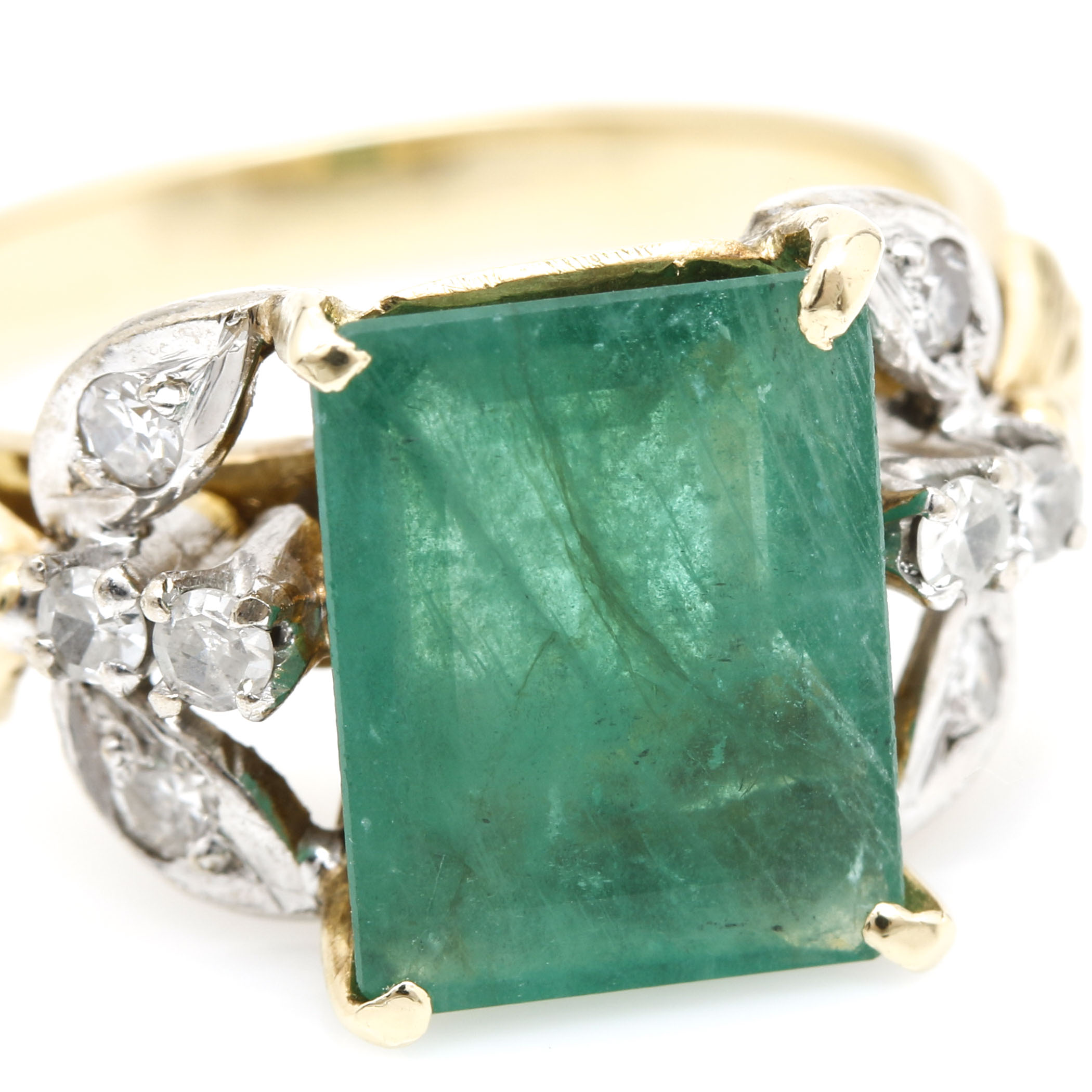 14K Two Tone Gold 2.23 CT Emerald and Diamond Ring