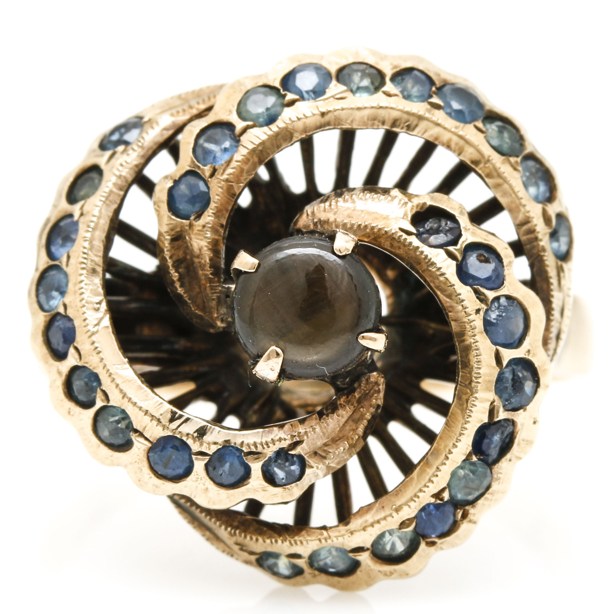 10K Yellow Gold Black Star Sapphire and Blue Sapphire Ring